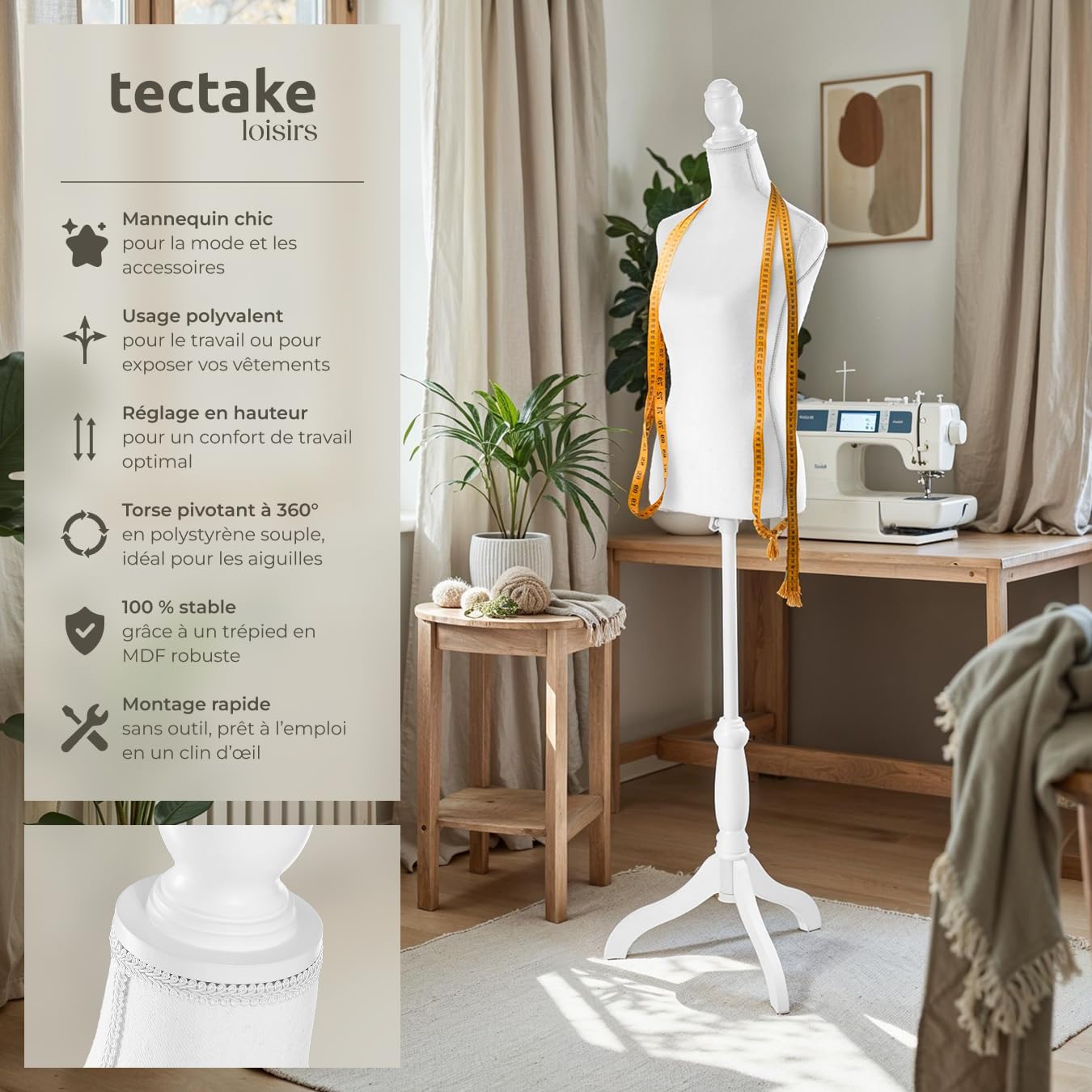 tectake® Mannequin Couture Femme Buste Mannequin Femme Réglable en Hauteur 133 cm à 168 cm, Formes vestimentaires de Couture, Mode, Mercerie, Décoration Vitrine Chambre - Blanc