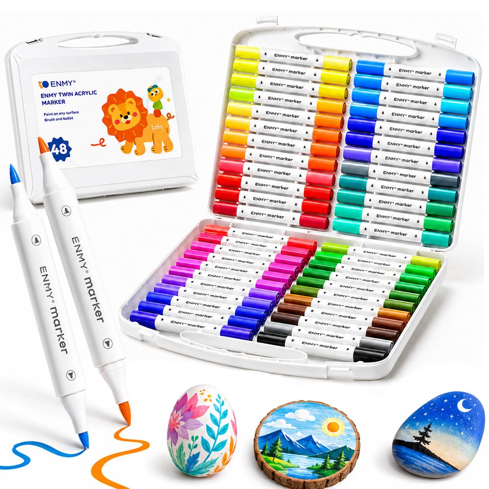 XPJBKC Acrylstifte für Steine, 48 Farben Acrylmarker Dual Tip wasserfest, Multimarker Porzellanmalstifte mit abwaschbarer Tinte für Holz, Glas, Keramik, Stoff, Kinder, Künstler & Erwachsene DIY