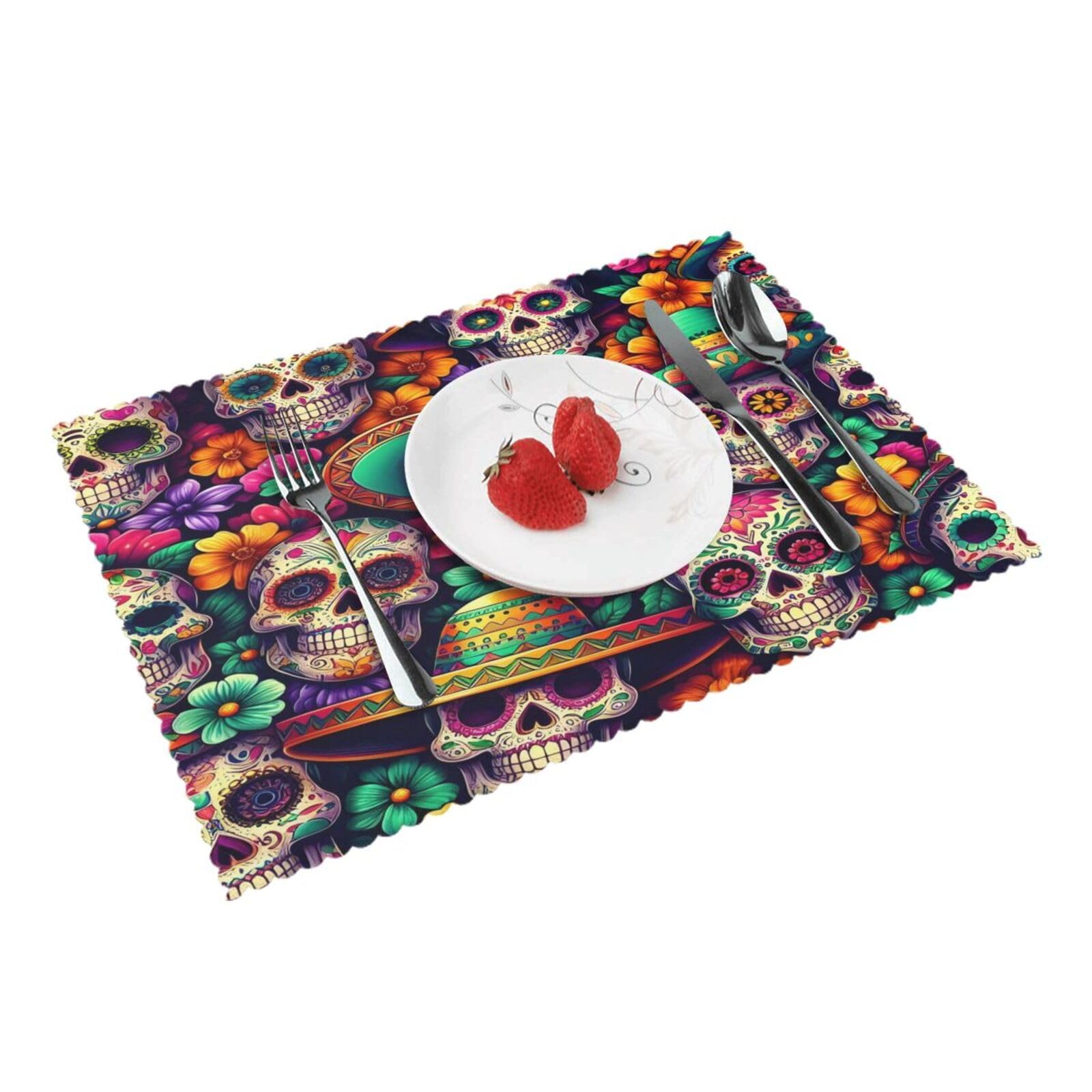 Colorful Sugar Skull Flower Day of The Dead (2) Placemats Set of 4 Print Table Mats Place Mats Table Decor for Kitchen Dining 12X18 in