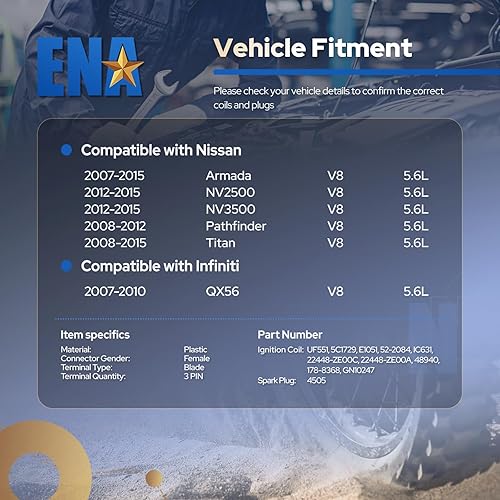 Miniatura 7 de ENA Juego de 8 bobinas de encendido y bujías platino compatibles con Nissan Infiniti Titan Pathfinder Armada NV2500 NV3500 QX56 4.0L 5.6L Reemplazo