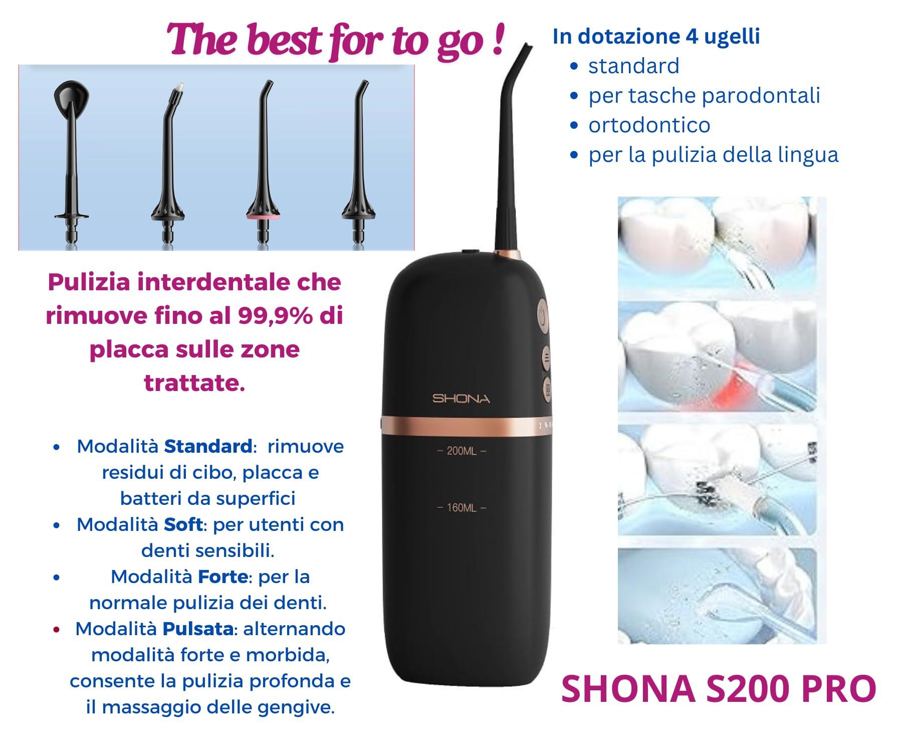 Idropulsore dentale portatile senza fili SHONA S200 PRO BLACK 4 modalità 3 intensita per la perfetta cura e la pulizia del cavo orale