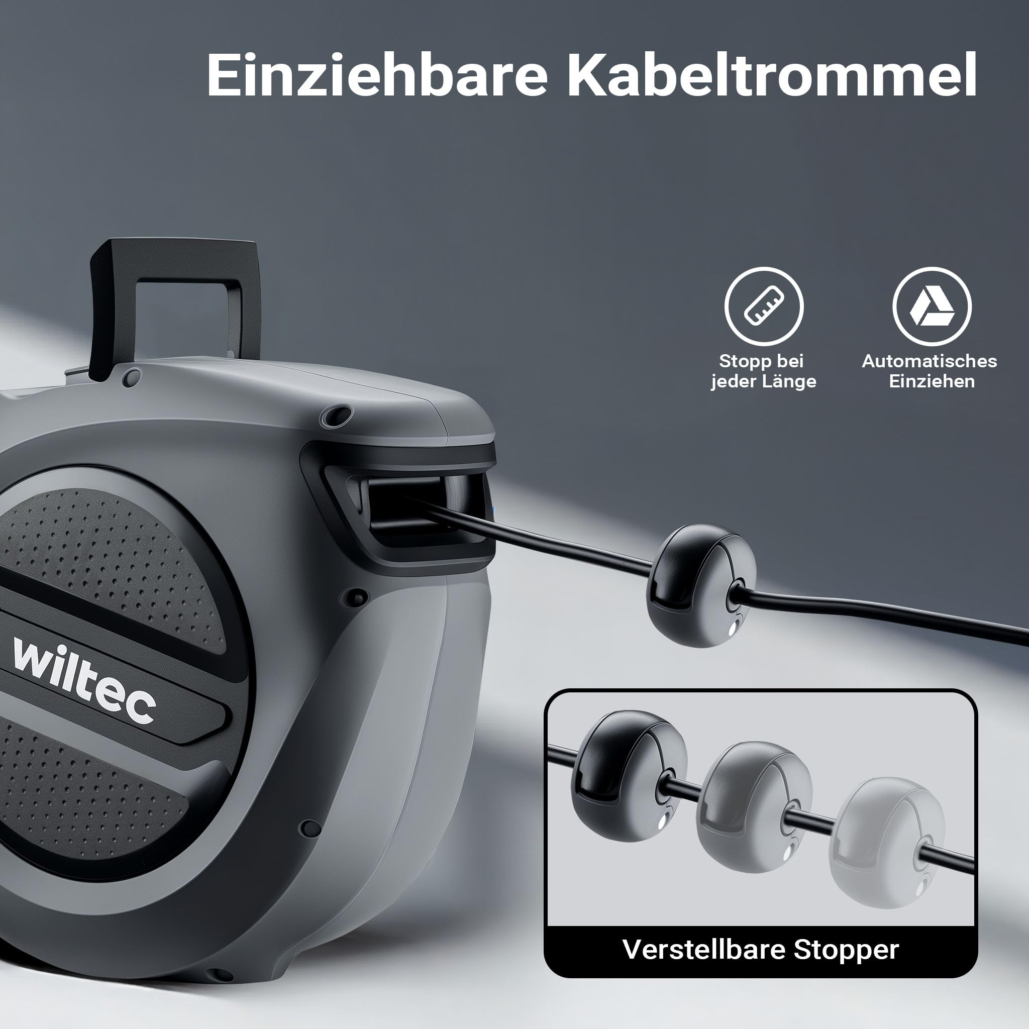 Wiltec Avvolgicavo elettrico automatico 20 m + 2 m, avvolgitore cavo automatico 1500-3200 W, prolunga elettrica avvolgibile con staffa a 180°