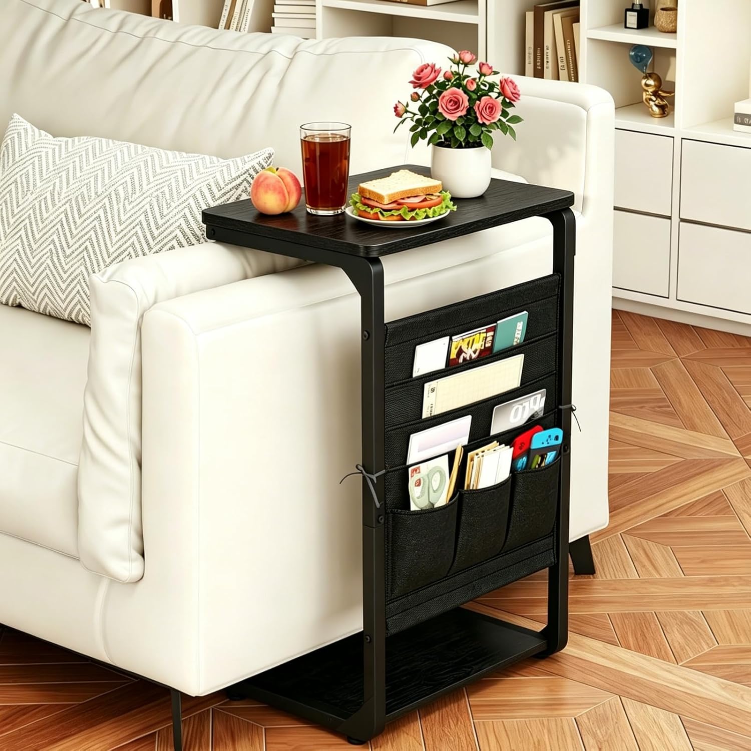 Small End Table with Storage Bag, Night Stand, Couch C Shaped Side Table, Sofa TV Tray Table, Nightstand for Bedroom, Bedside, Living Room ET-P-BKW1