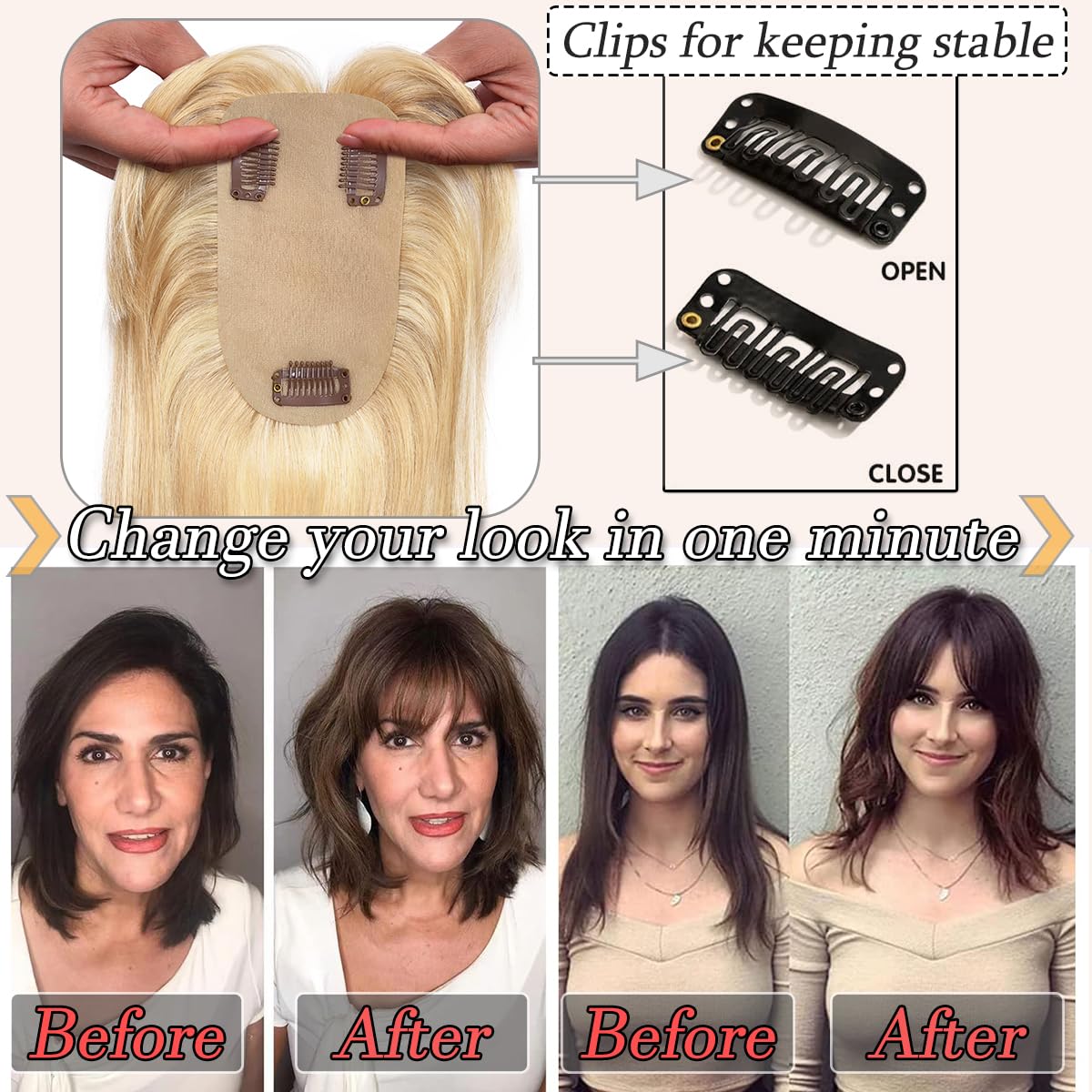 Real Human Hair Topper with Bangs for Women with Thinning Hair - Grey, 10" #18P613 Ash Blonde mix Bleach Blonde
