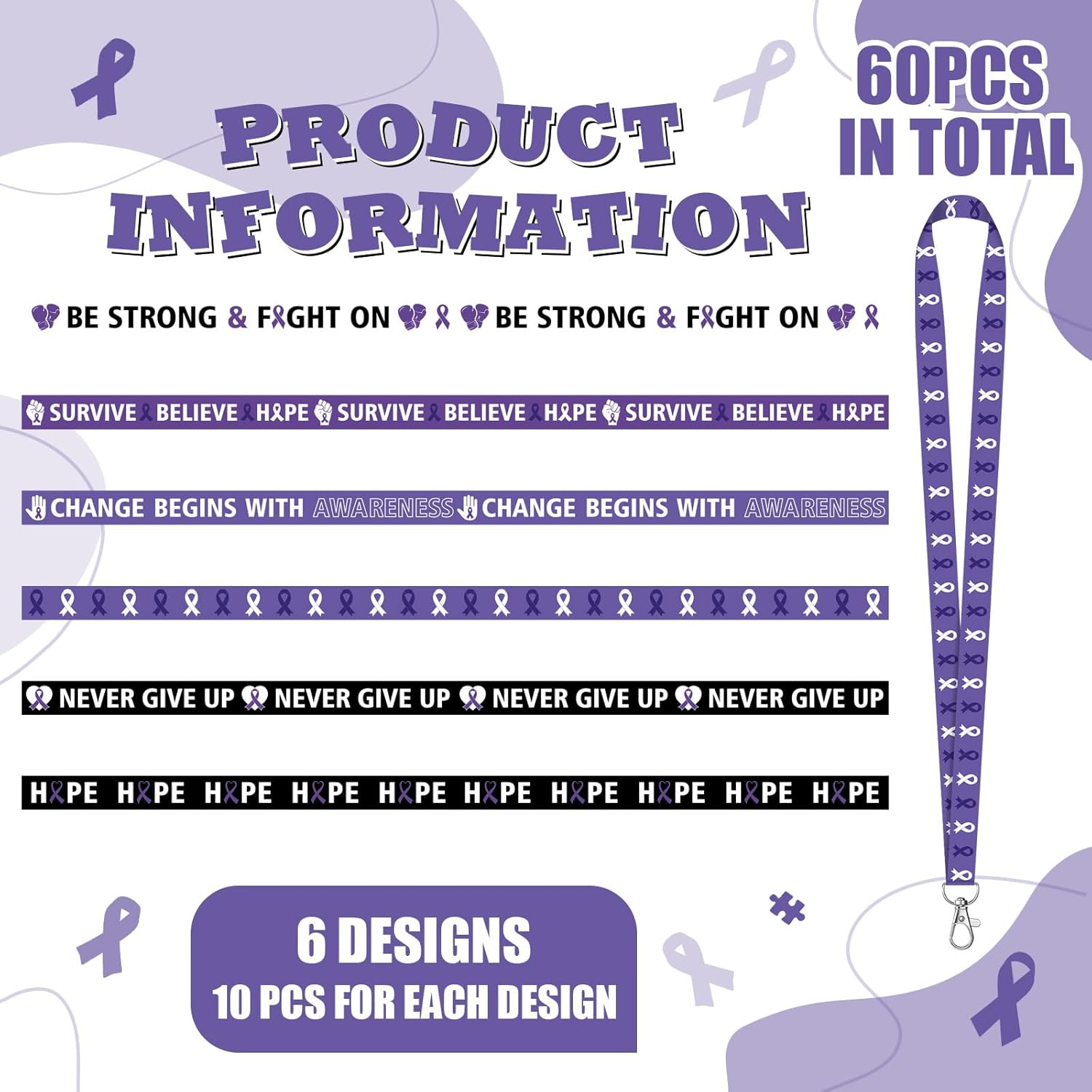 Fullhawl 60 Pcs Purple Ribbon Awareness Lanyard Lupus Alzheimer Neck Lanyards with Badge Clip for Animal Abuse Epilepsy Pancreatic Cancer Domestic Violence Awareness Party Supplies Hope Faith Courage