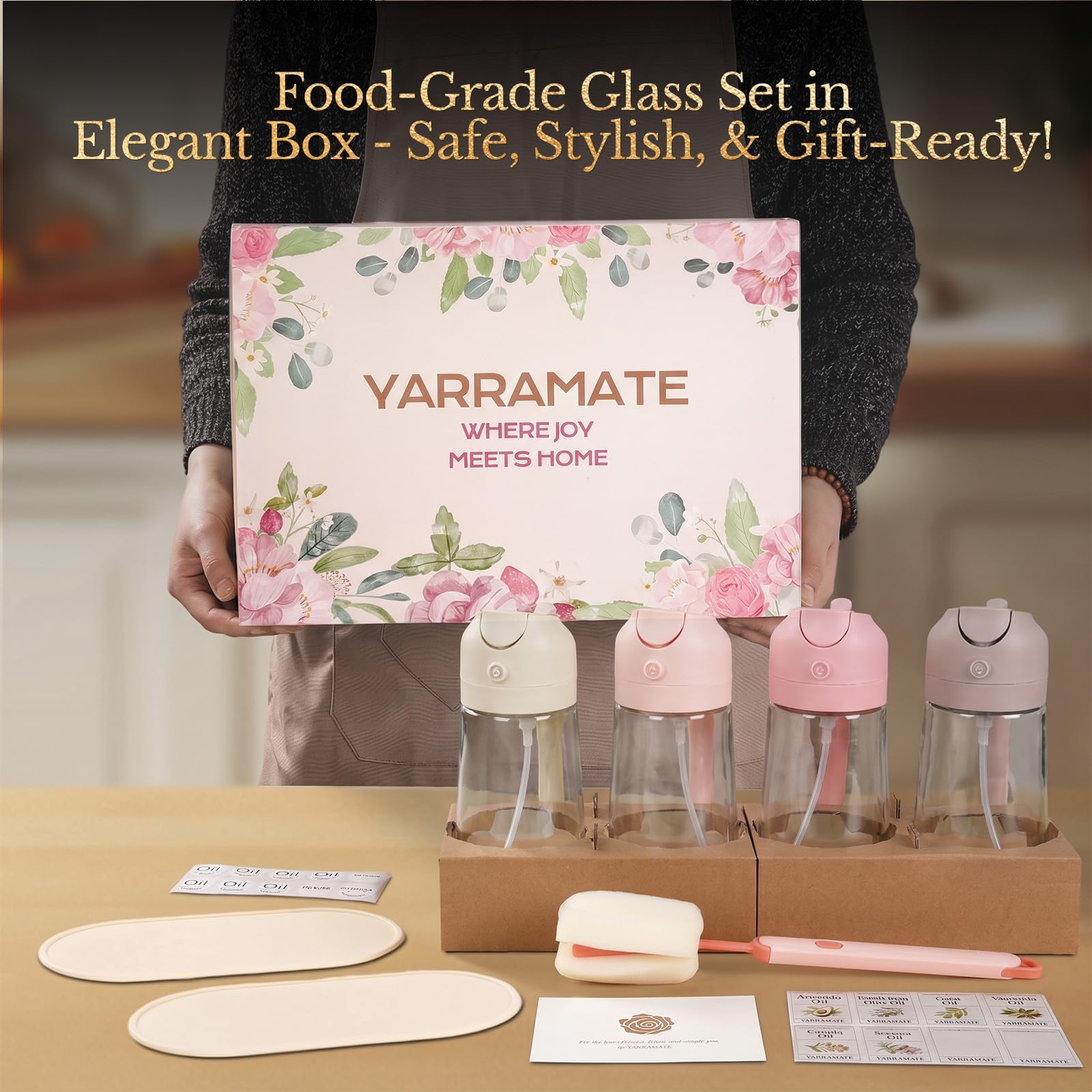 YARRAMATE 4er-Pack 16 oz Glas-Olivenölzerstäuber für Kochen, 2-in-1 Ölzerstäuber & Spenderflaschen-Set mit rosa Geschenkbox, Ölzerstäuberflasche für Heißluftfritteuse, Salat, BBQ – Küchenhelfer.