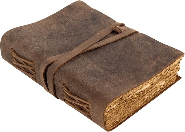 Vintage Leather Journal, 240 Pages Tree-Free Cotton Deckle Edge Paper, Blank Leather Bound Journal Book of Shadows, Antique Handmade Art Journal Old Style Notebook, MOONSTER® Leather Sketchbook 8"x6"