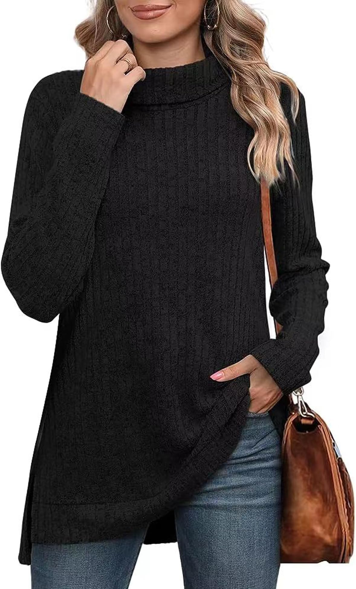 HeersanHEERCHEN Womens Long Sleeve Tops Casual Ribbed High Collar Neck Sweater Split Hem Lightweight Jumpers(4 Colors)