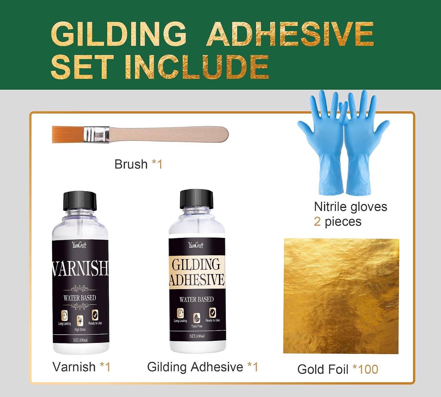 Gold Leaf Kit, 100ml Gilding Adhesive and 100ml Gloss Varnish and Gold Leaf Sheets 100 pcs, 1 Brushes, Gold Leaf Gilding Adhesive Set for Craft, Painting, Arts, Furniture and Decoration