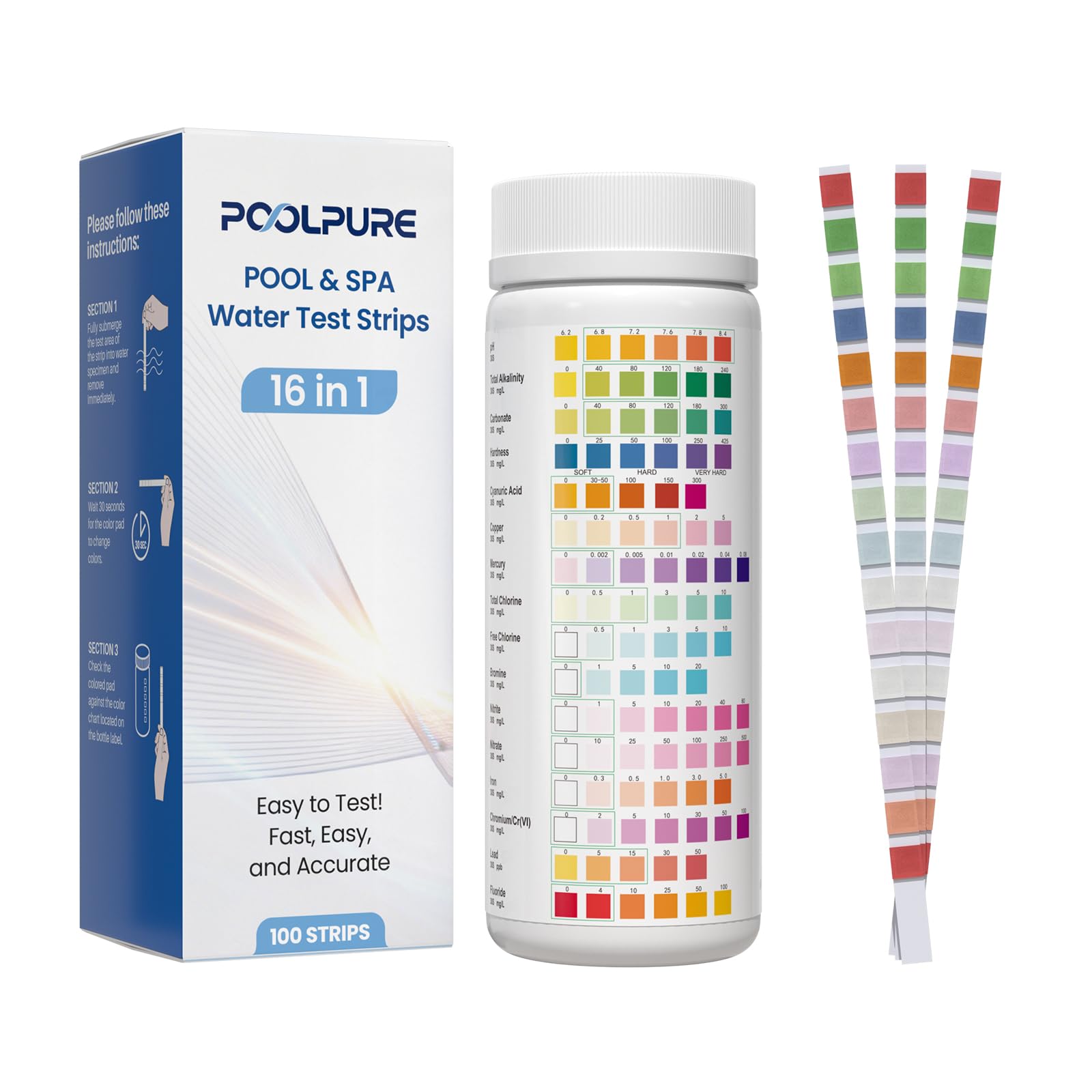 POOLPURE 100x Pool Teststreifen 16-in-1, Wassertester für Whirlpool, Spas & Schwimmbad, Hochpräzise Pool Tester für pH-Wert, Chlor, Brom, Gesamthärte, Nitrat, Cyanursäure, Alkalinität & Schwermetalle