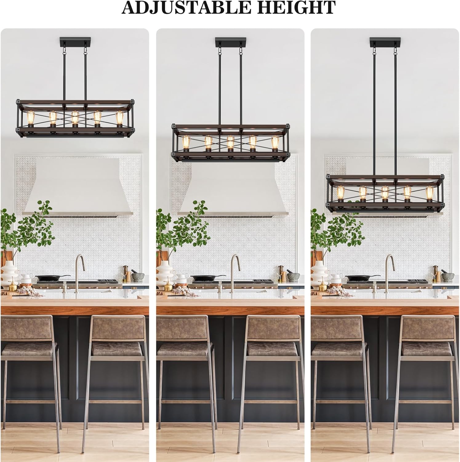 Farmhouse Kitchen Island Lighting, 5-Light Solid Wood 31.5” Dining Room Pendant Light Fixtures, Rustic Chandelier with Adjustable Height for Dining Room Kitchen Bar Pool Table, Walnut Color
