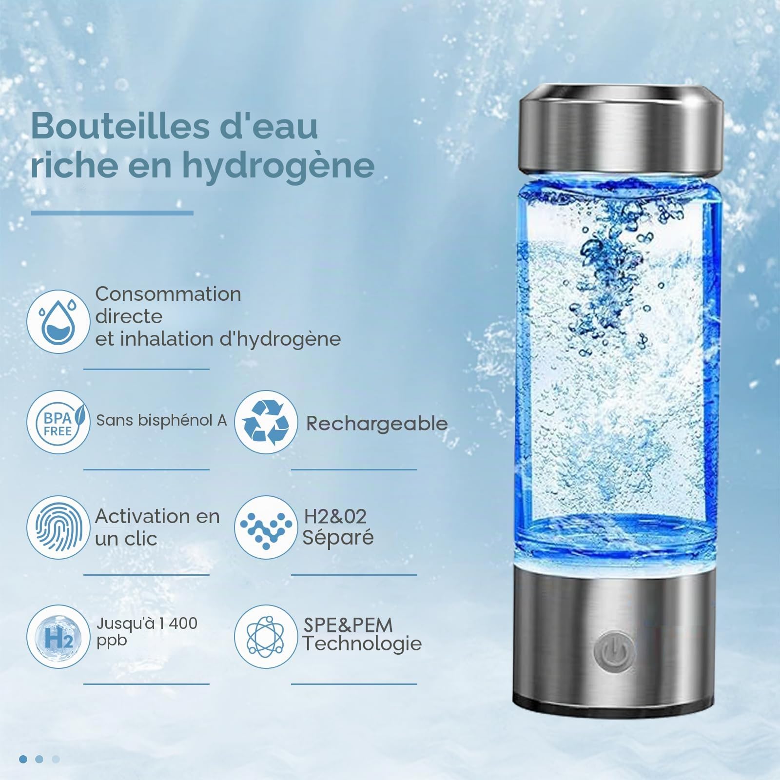 Bouteille Riche en Hydrogène Eau Portable, 430ML Générateur D'hydrogène en 3 Minutes Anti Âge, USB Bouteille d'eau Sans Fil, Fabricant D'eau D'hydrogène, pour Voyages, Maison,Bureau (2 Pièces)