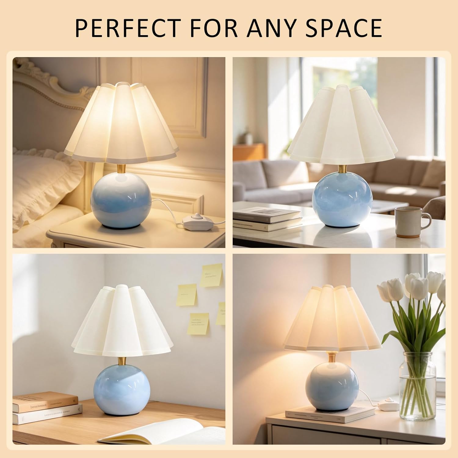 Bedside Table Lamp, Ceramic Stepless Dimmable Lamp with Scalloped Fabric Shade,Decorative Accent Light for Nightstand, Living Room, Console or Kids Dorm,Blue (E26 LED Bulb Included)