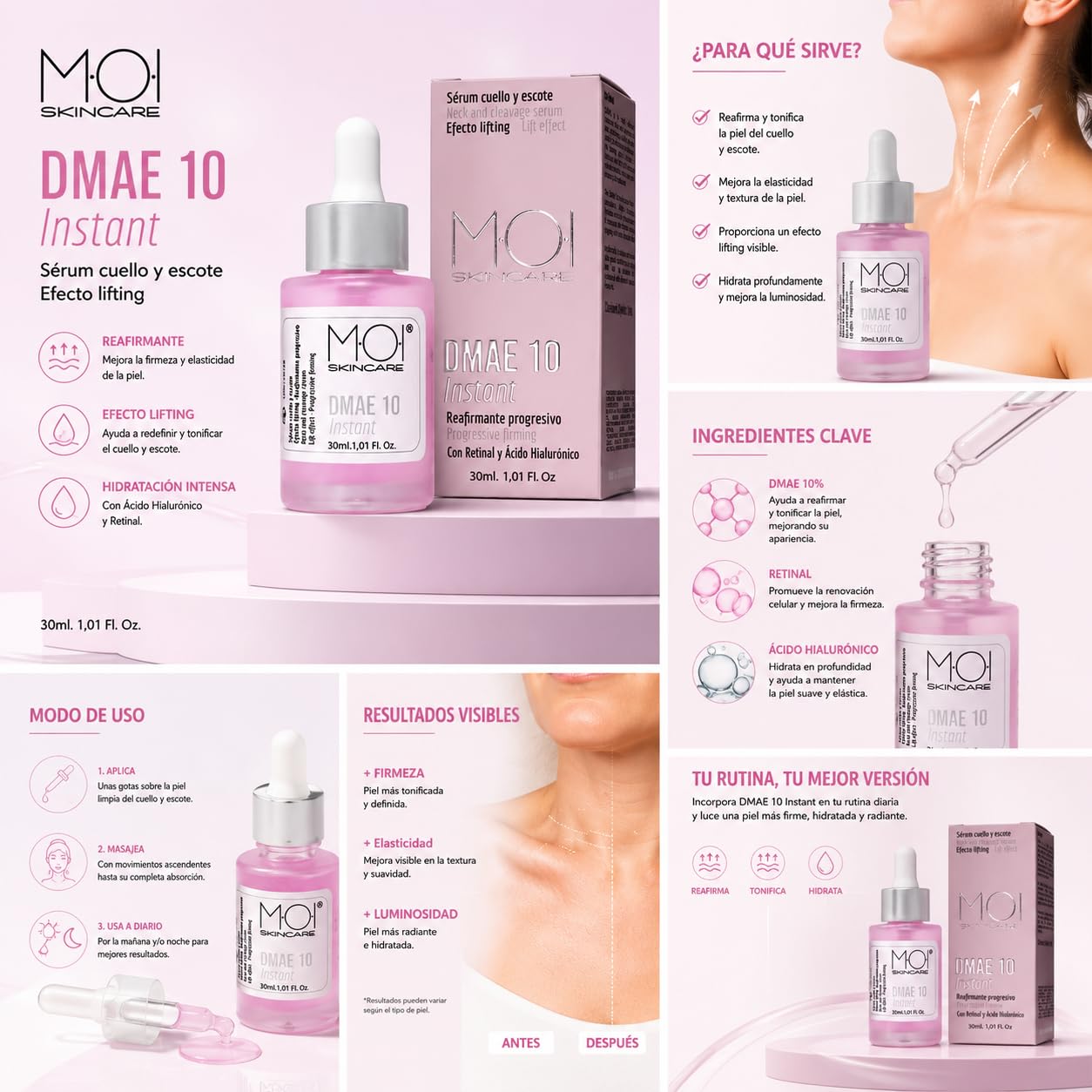 Sérum reafirmante cuello y escote DMAE 10 INSTANT efecto lifting 30ml M·O·I Skincare®