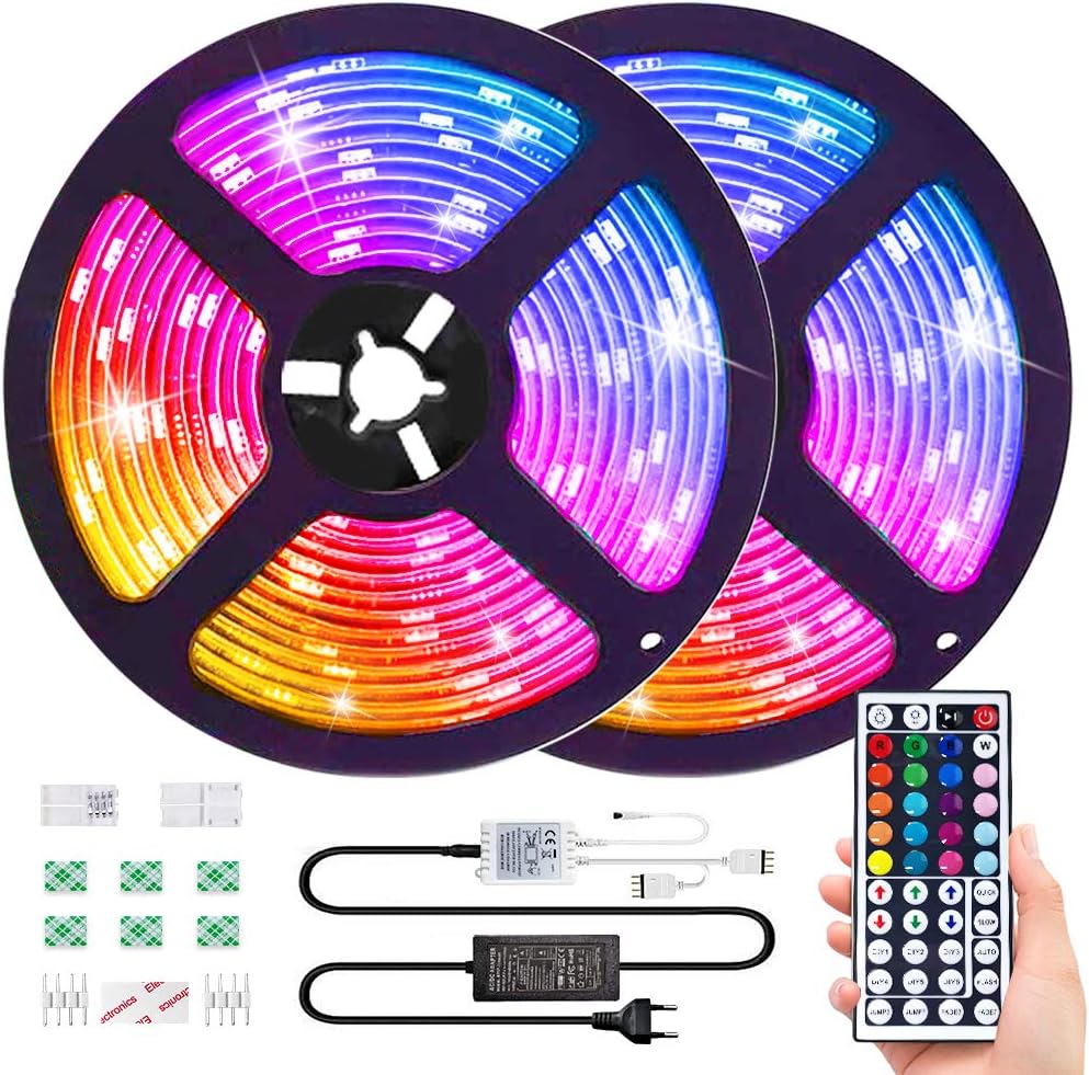 10M RGB Tira de LED 12V con Chip SMD 5050, ESEYE IP65 Impermeable Flexibles Multicolor 300 LEDs Strip Tiras Con Mando a Distancia y Adaptador Corriente Luce de LEDPara TV/Fiestas/Luz Ambiental