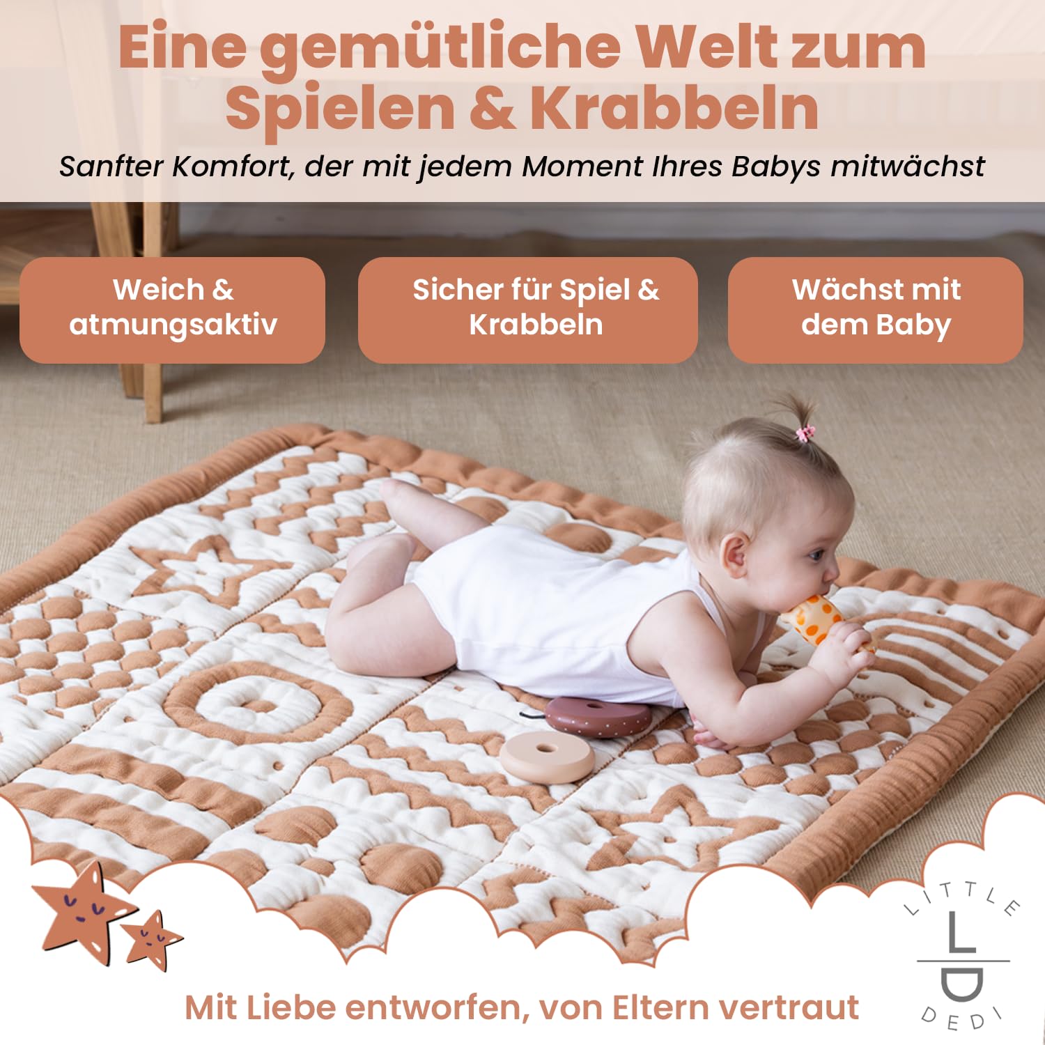 3D Krabbeldecke aus Bio-Baumwolle – GOTS Zertifiziert, 100x100 cm – Montessori Design, Beidseitig Nutzbar, Waschbar & Nachhaltig
