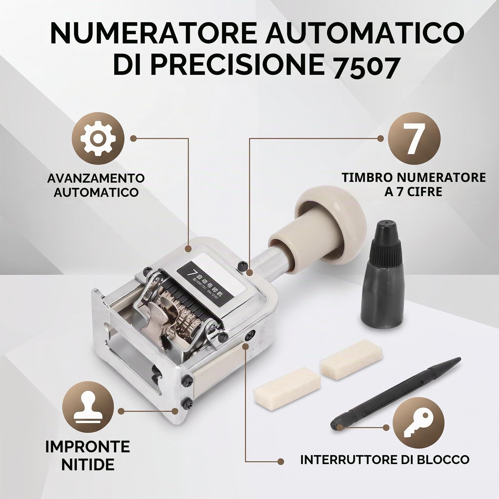 Numeratore, Numeratore per Sigilli a 7 Numeri, Numeratore per Francobolli, Numero di Timbro, con Inchiostro per Timbri