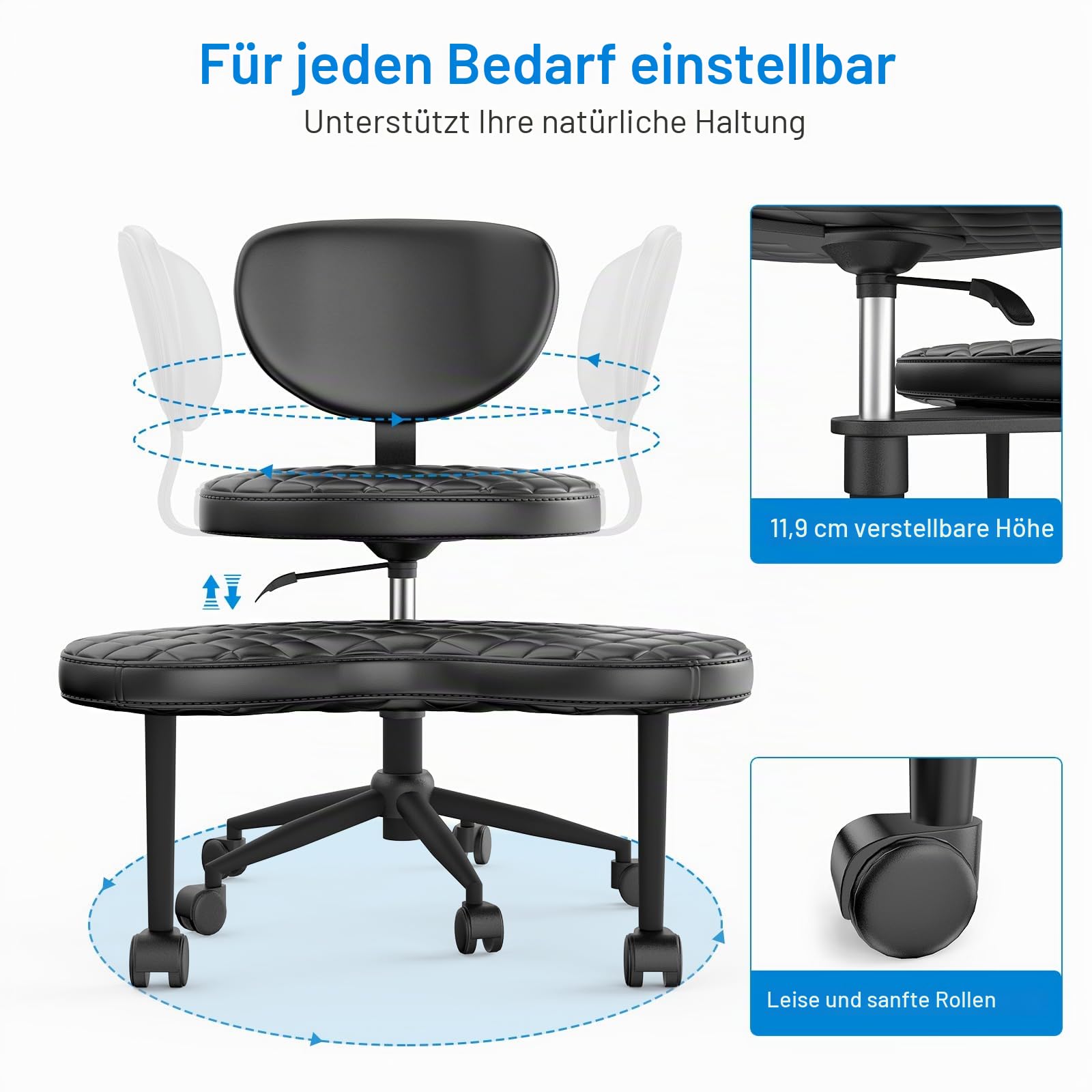 HOMRELEXA Bürostuhl mit Kreuzbeinen, 360° drehbar, Ergonomischer Kniestuhl, Criss Cross Schreibtischstuhl mit Verstellbarer Höhe, ADHS-Meditationsstuhl mit Rückenstütze, PU-Schräge Karos, Schwarz