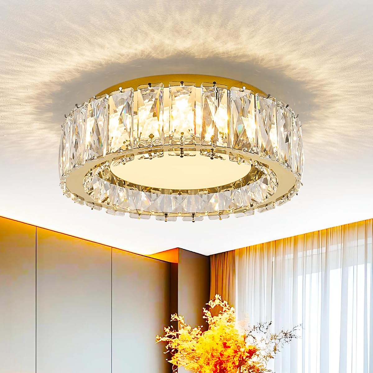 Dimmable Crystal Flush Mount Ceiling Light,LED5CCT 2700K-6000K,Gold,24W,11″ | Modern Close To Ceiling Light Fixture,Round Ceiling Light,for Kitchen Ceiling Lighting,Bedroom, Laundry Room,Hallway,Bathroom