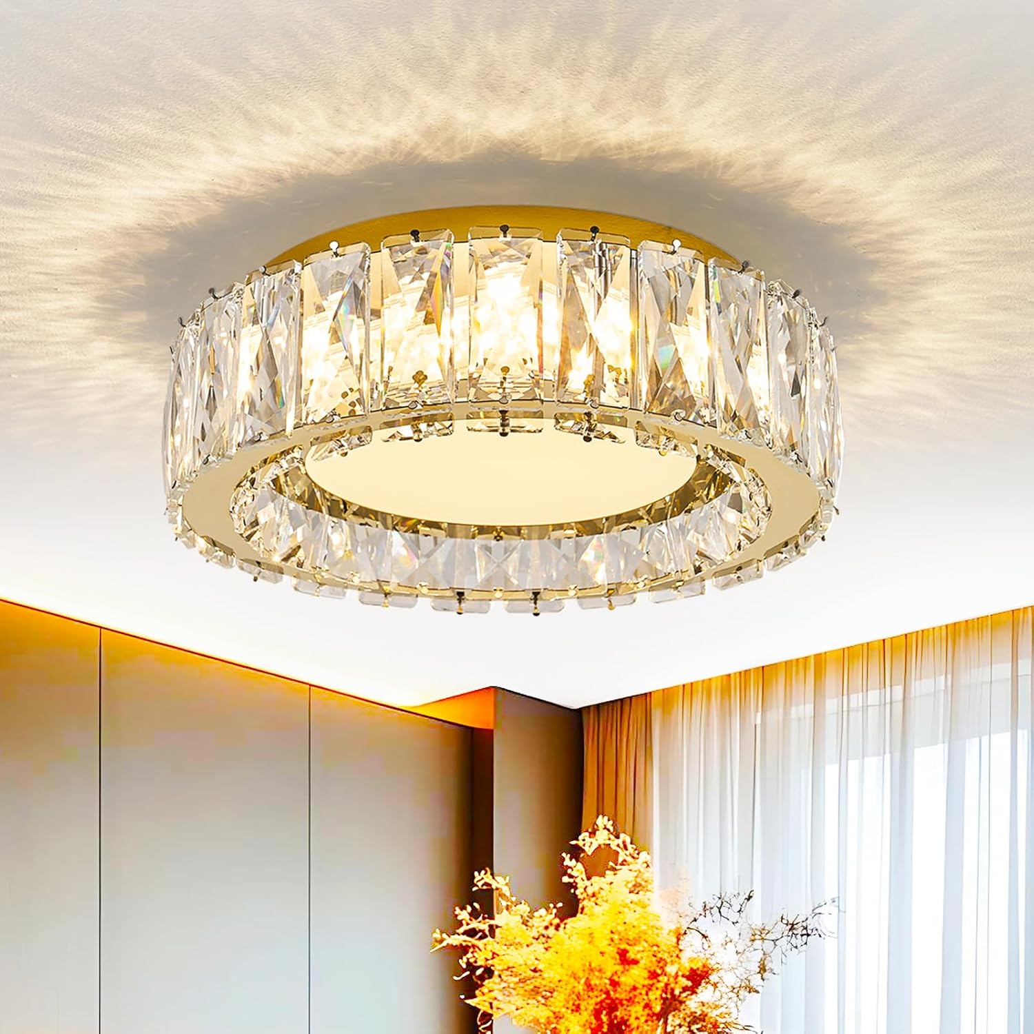 Crystal Dimmable Flush Mount Ceiling Light, Glod Modern LED Close to Ceiling Light Fixture with 5CCT 2700K-6000K, Round Kitchen Lighting for Bedroom, Laundry Room, Hallway, Bathroom (11in 24W)