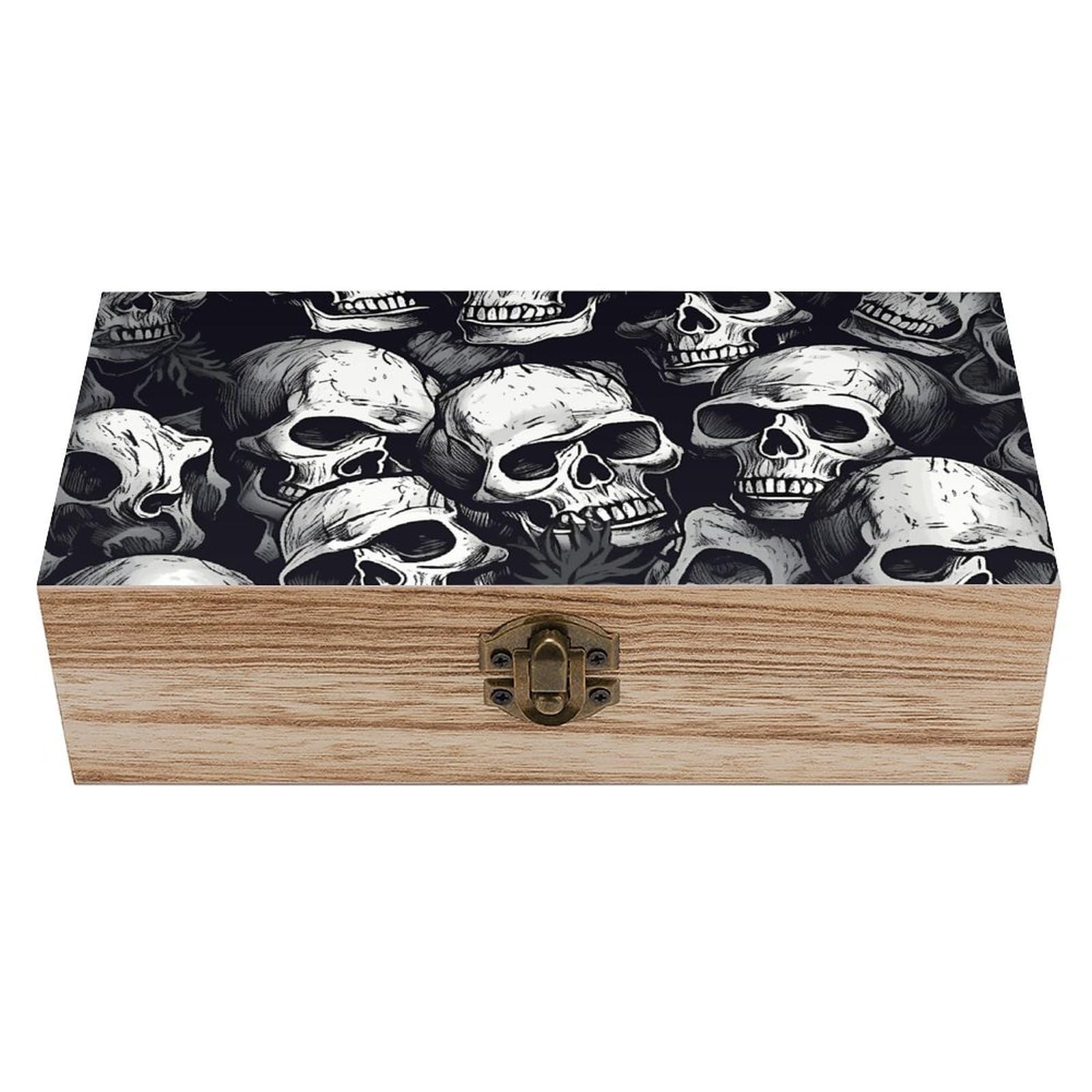 DWVTSLH Skulls Pattern Wooden Storage Box Locked Wood Gift Box Decorative Keepsake Boxes Storage Bins, Memory Boxes for Pictures, Jewelry Organizer Unique Gift Ideas for Men Women