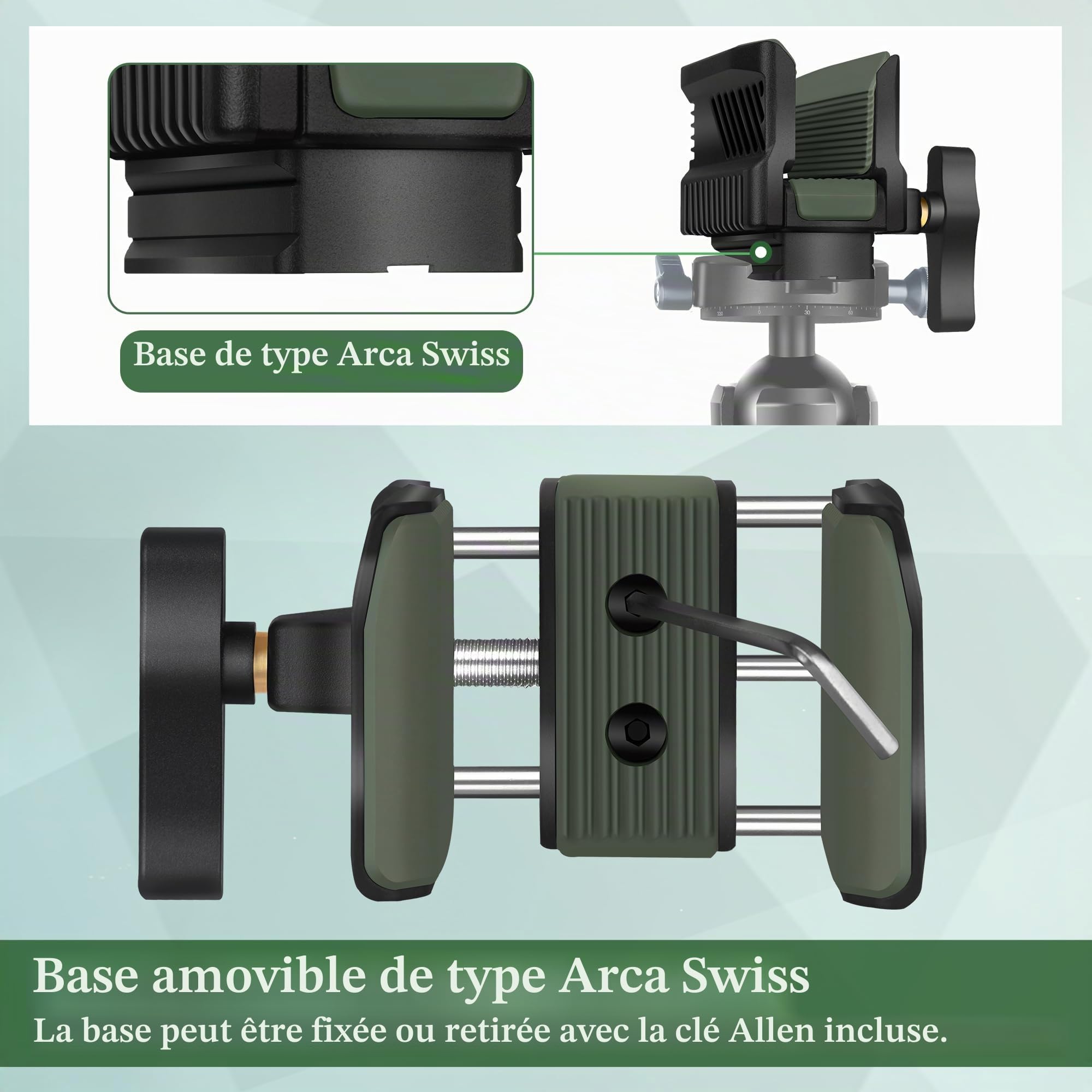 Manbily U-7 Tête de trépied pour trépieds de tir, support universel en alliage d'aluminium, 6,35 mm et 9,5 mm et base compatible Arca-Swiss pour monopodes, vert