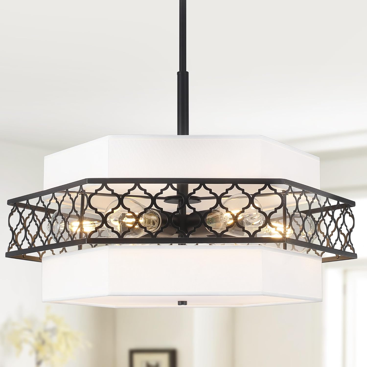 19'' Black Fabric Modern Chandelier, 6-Light Farmhouse Hexagon Hanging Adjustable Pendant Light Fixture for Dining Room Kitchen Bedroom Entryway Foyer