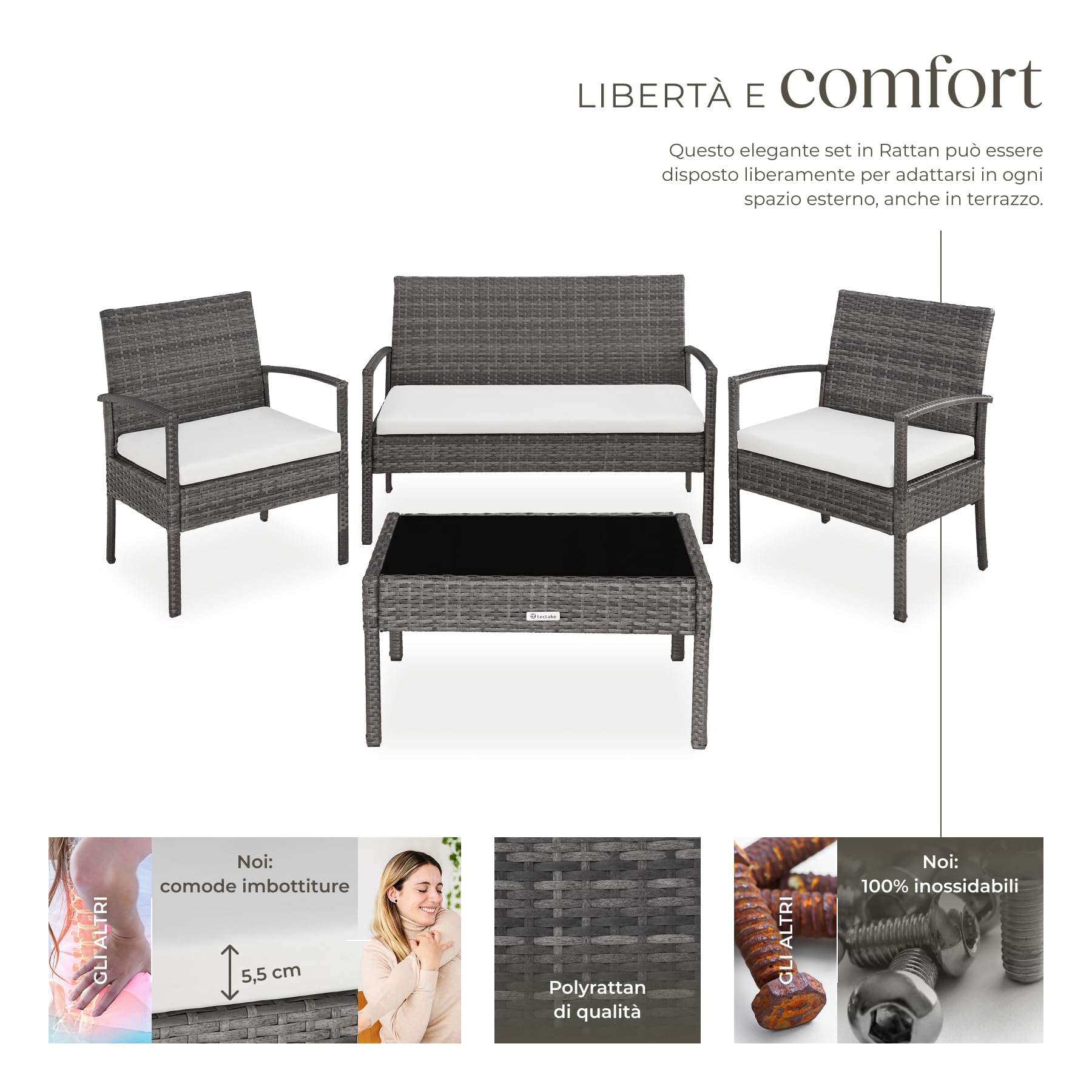 tectake® Set di Mobili in Rattan Sparta, Set Sedie, Panca, Tavolino Salotto con Lastra in Vetro, Comodi Cuscini Idrorepellenti, Ideale per Giardino, Terrazzo, Veranda - Grigio