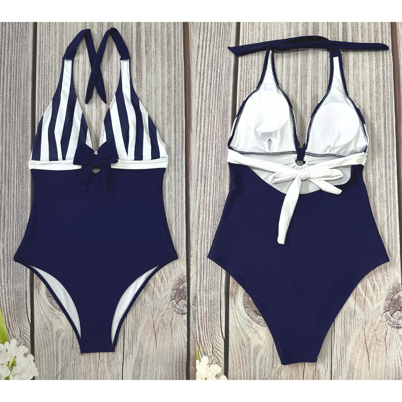 JFAN Costume Intero Donna con Scollo a V e Fiocco Costume Donna Curvy Push Up Costume da Bagno Elegante