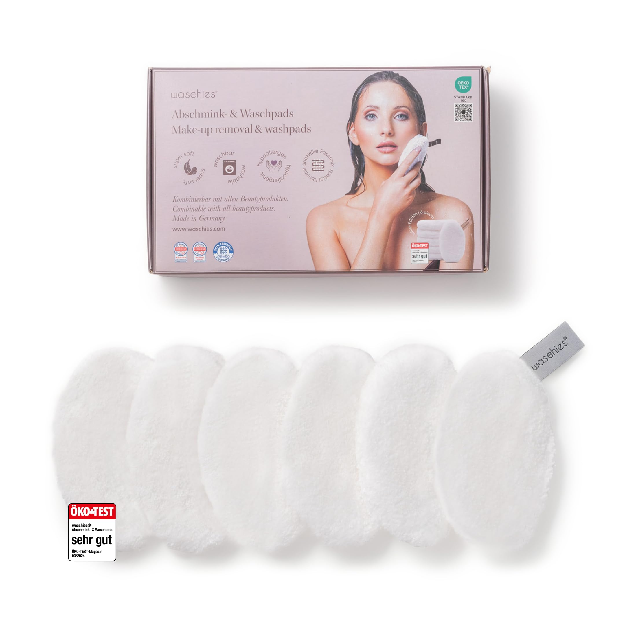 Waschies Abschminkpads/Waschpads - 6er-Set Weiß – sanfte Gesichtsreinigung - waschbar, wiederverwendbar & hypoallergen - Alle Hauttypen – Alternative zu Wattepads & Abschminktüchern
