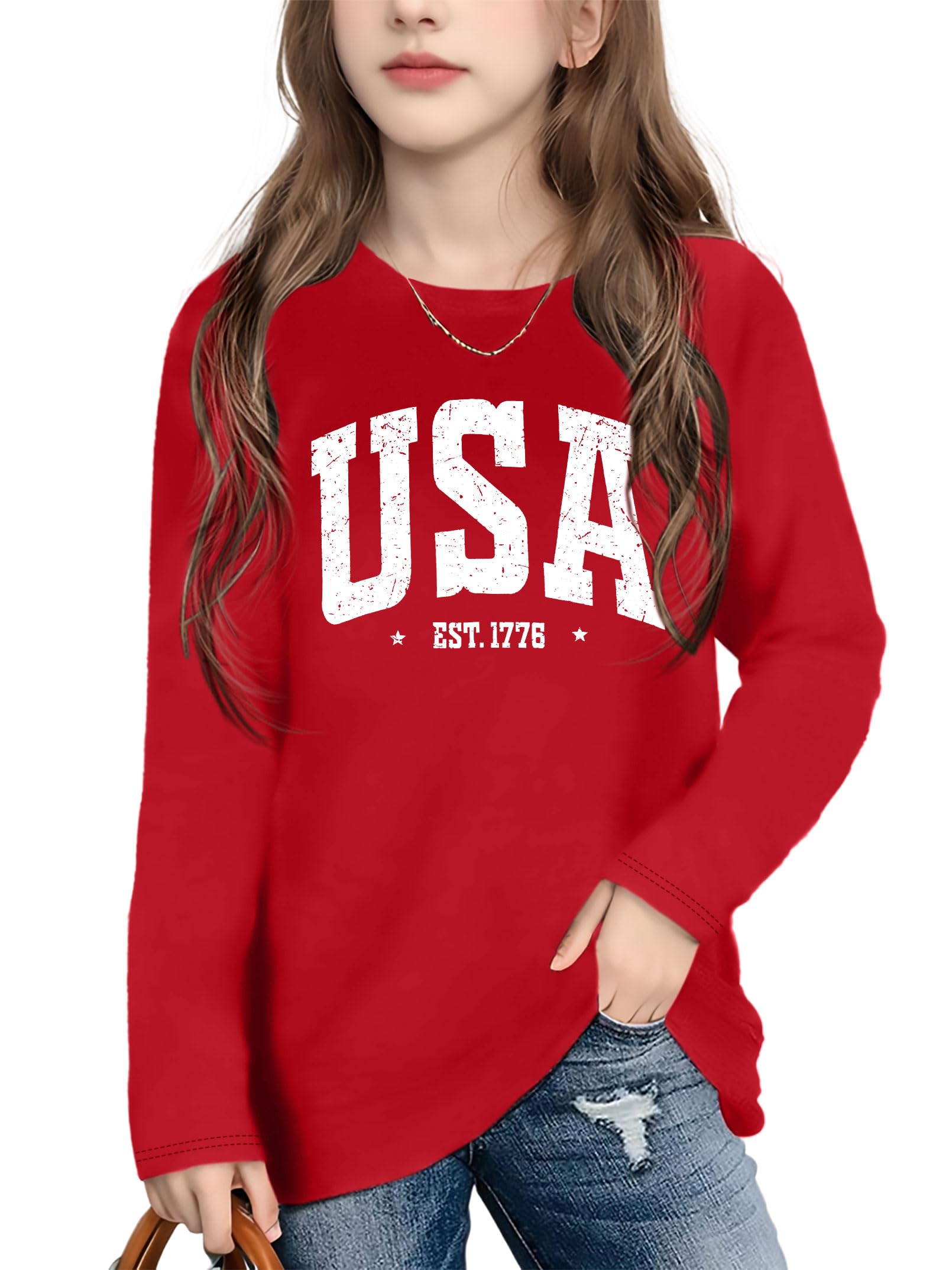 Ithalt 4th of July Outfit Kids Girls American T Shirt USA T-Shirt Fourth of July Tops Patriotic Long Sleeve Tops