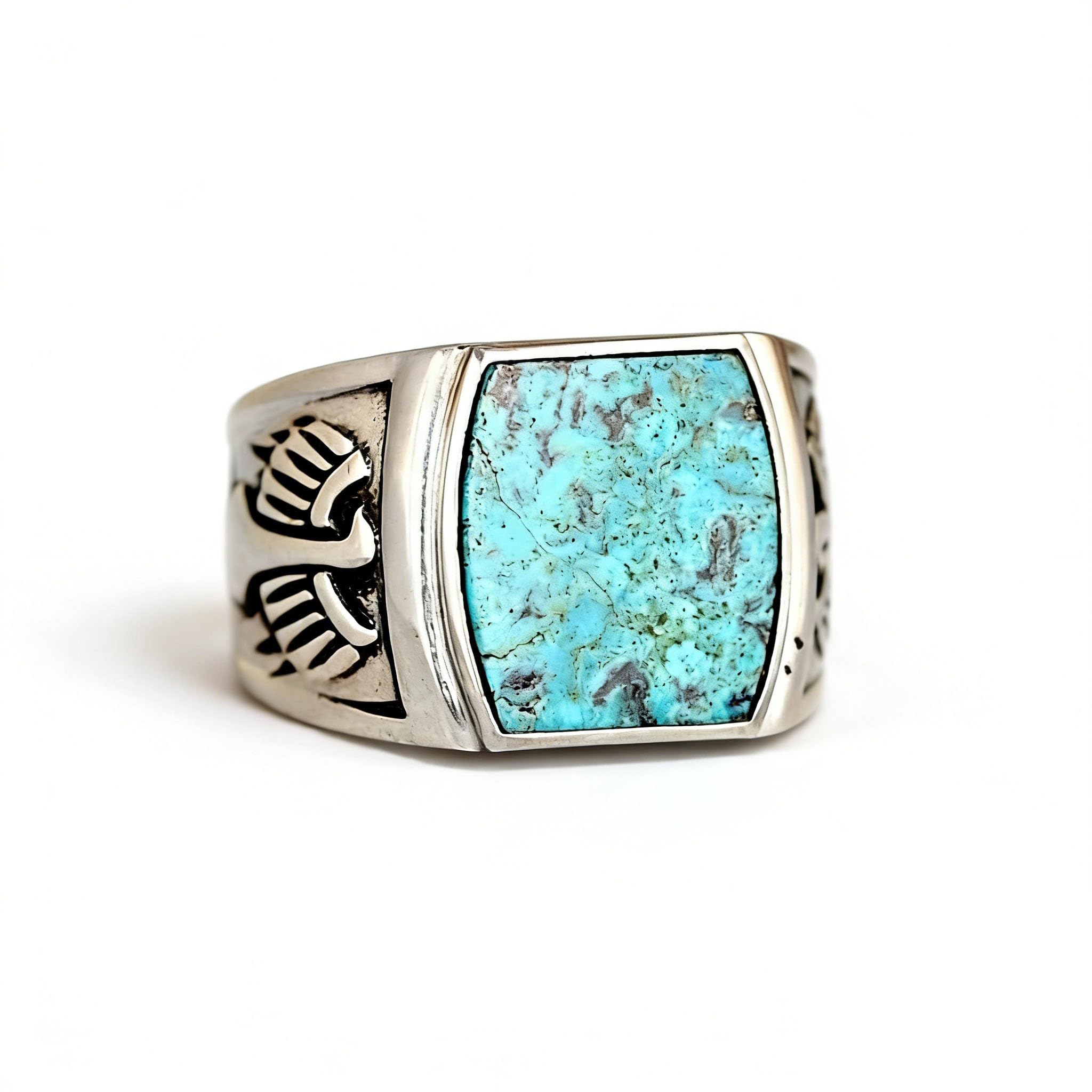 SUKKCCNO Vintage 925 Silver Hawk Turquoise Ring for Men Turkey Handmade Engrave Classic Eagle Ring Boho Square Nartual Stone Rings Jewelry Gift for Women and Men 10