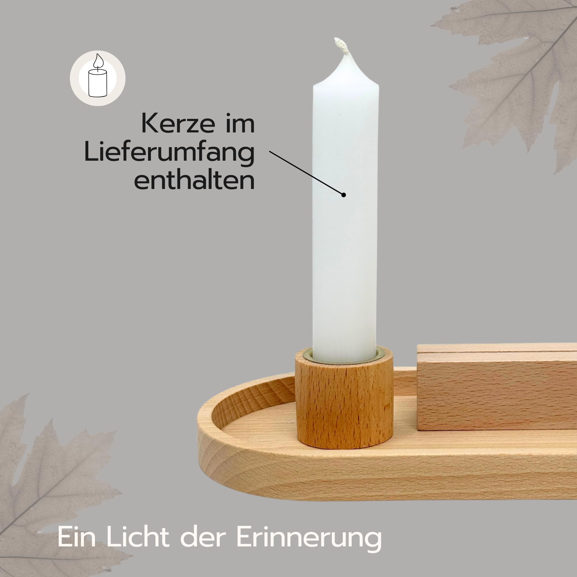 Gedenkset mit Kerzenhalter & Kartenhalter – Erinnerung an Verstorbene – graviert oder personalisiert – Holz Deko für Trauer & Gedenken (Für Immer im Herzen)