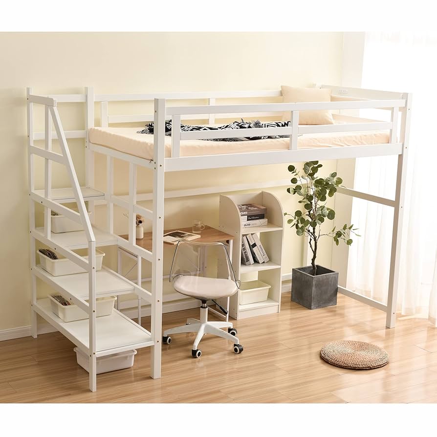 Amazon｜ロフトベッド 天然木 木製 2段ベッド 収納棚+階段+