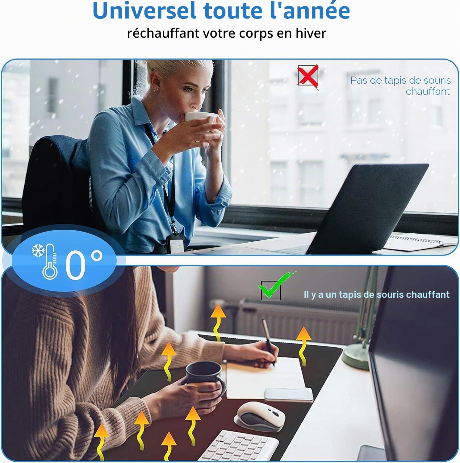 Tapis de souris chauffant – Tapis de bureau chaud, tapis chauffant électrique avec 3 niveaux de chauffage et 4 heures d'arrêt automatique, 80 x 33 cm, tapis de souris de jeu (noir)