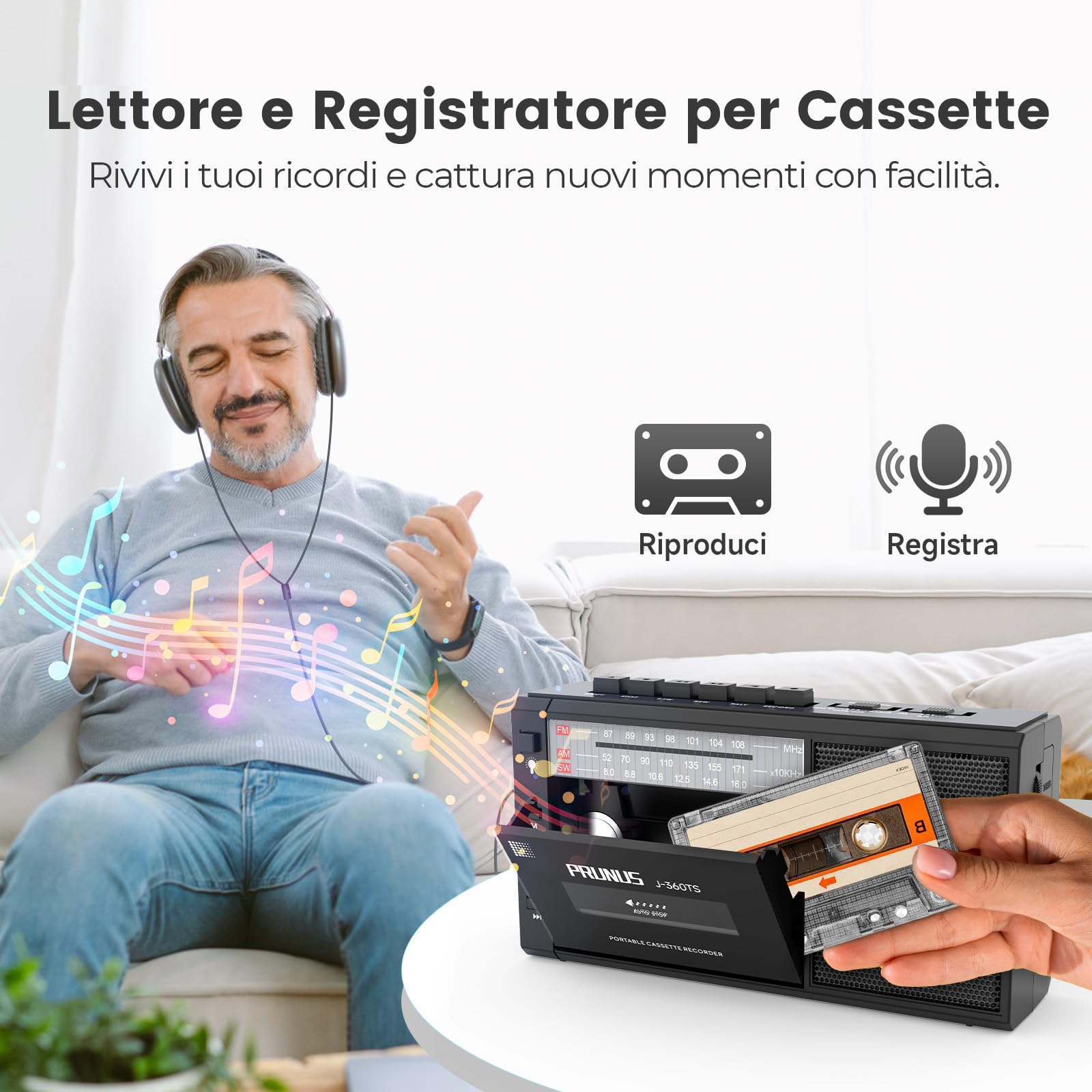 PRUNUS J-360 Radio Cassette AM/FM/SW Portatile con Bluetooth, Solare/Batteria Ricaricabile, Torcia, USB, TF Card