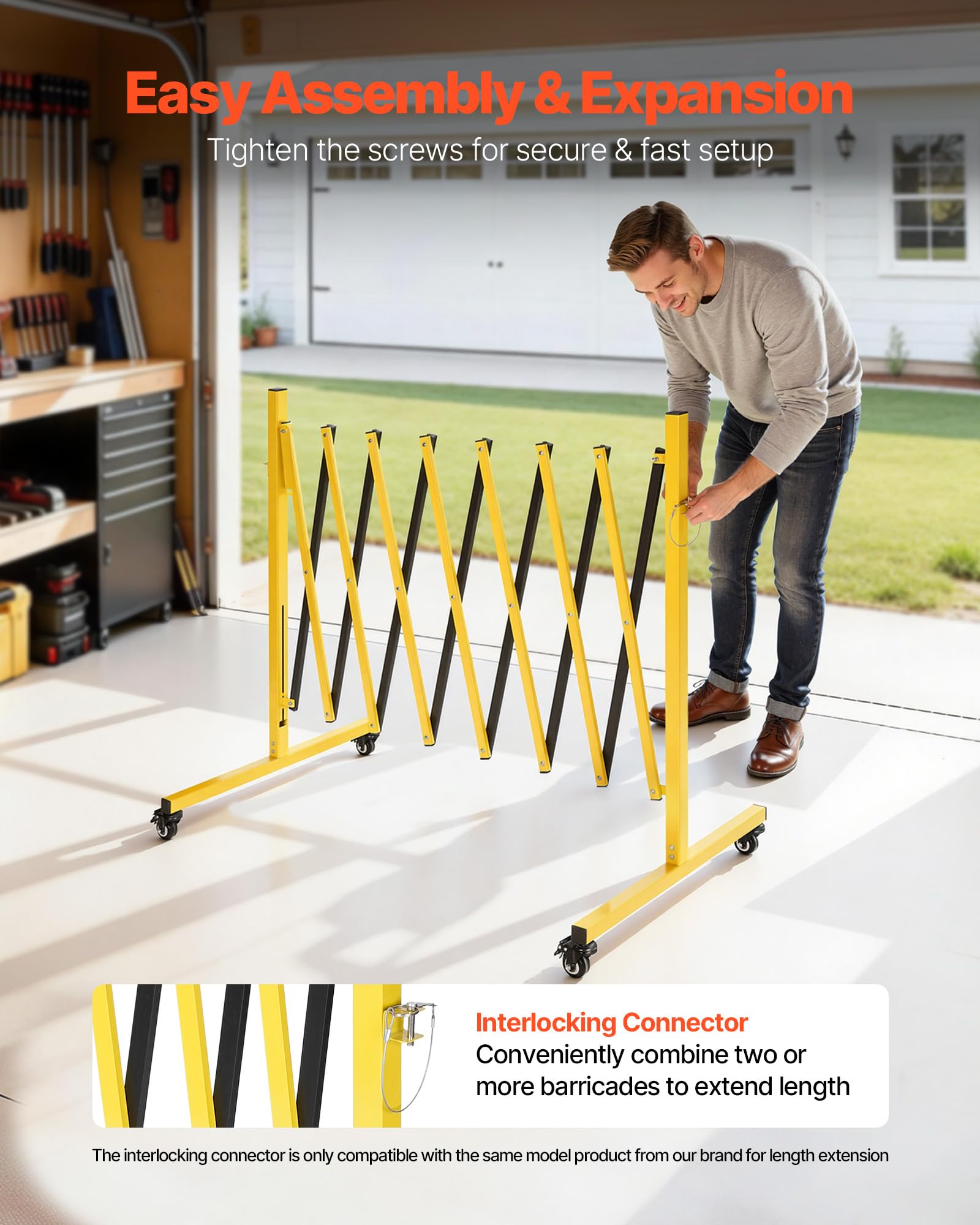VEVOR Barricada Extensible de 3,82 m, Barrera de Seguridad Plegable con Ruedas y Frenos, Valla Metálica Portátil, Aluminio, para Uso Industrial Construcción Control de Espacios, Color Negro Amarillo