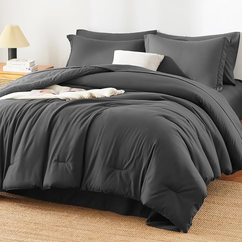 HIMEET Queen Comforter Set, 7-Piece Point-Quilted Bed in a Bag Dark Grey