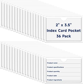 Mauproy 36Pcs Adhesive 2" x 3.5" Index Card Pockets, Clear Label Holders with Top Open for Loading, Plastic Pocket Sleeves for Organizing Storage Bins, Library Cards, Shelves