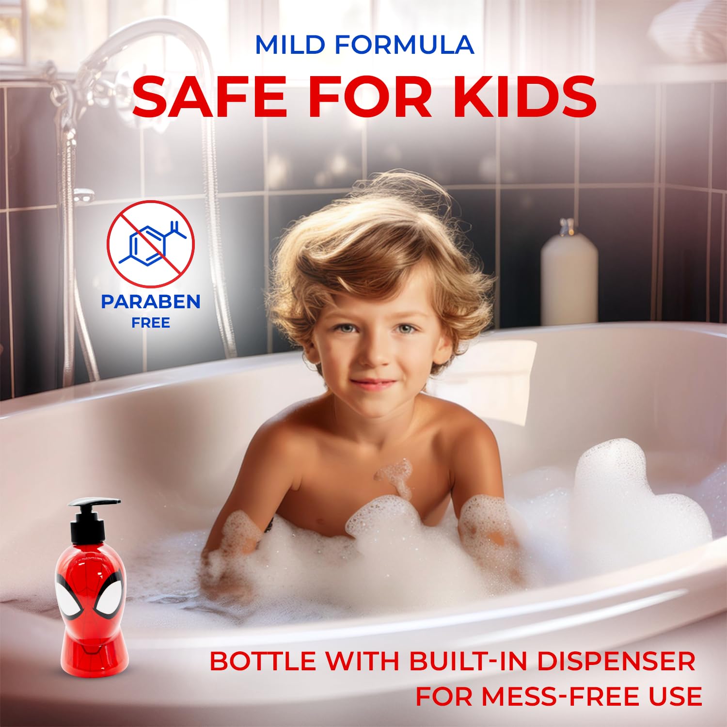 Champú Y Baño De Burbujas Spiderman Kids 2 En 1: Suave Con Vitamina E Y A, PH Equilibrado Para Pieles Sensibles (A Partir De 3 Años)