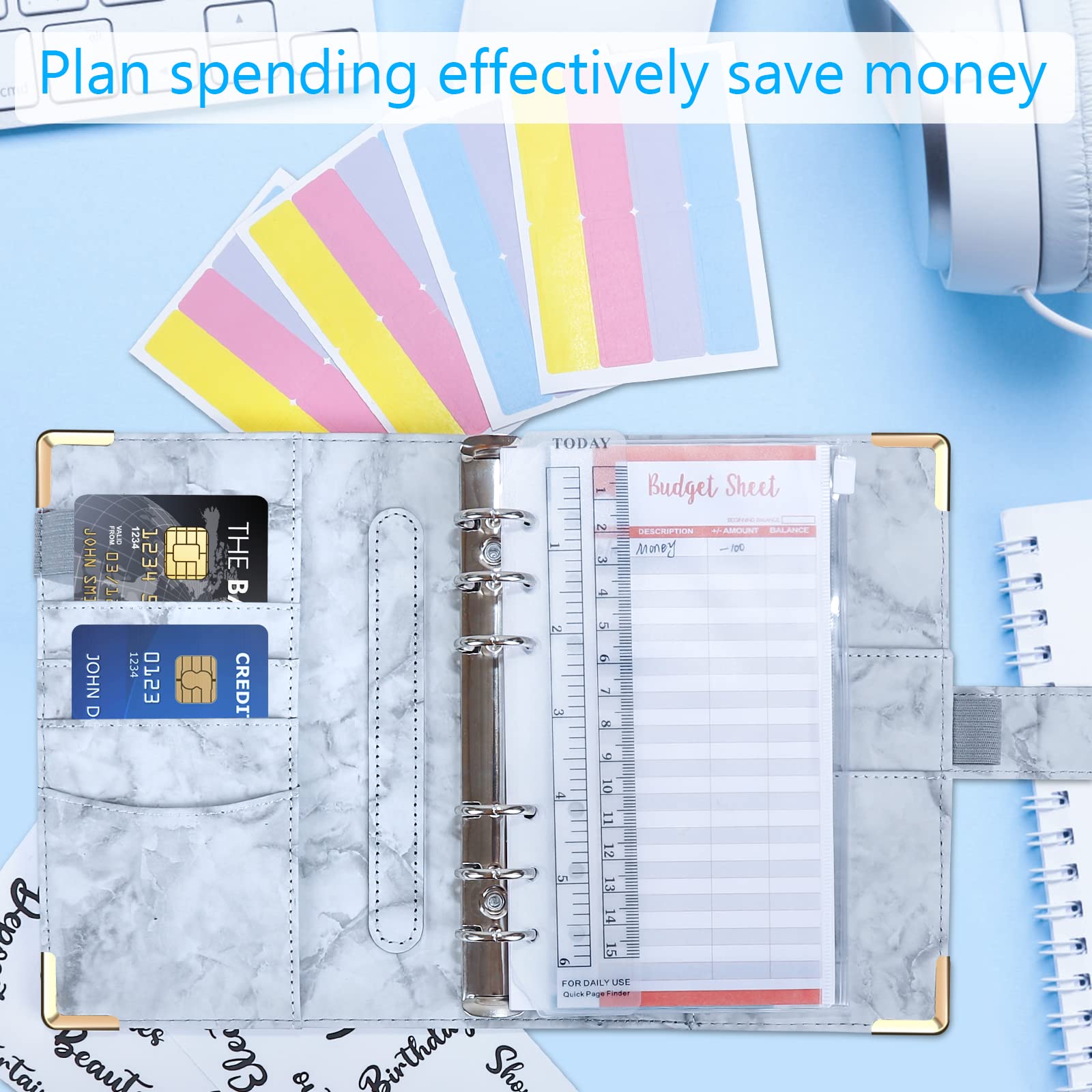 Sosayet Carpeta de Cuaderno A6, Organizador de Presupuesto con Sobres de Efectivo, Cubierta de Hojas Sueltas de Cuero de PU, Gris