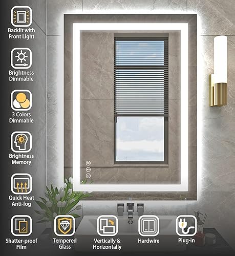 Miniatura 8 de Espejo de baño LED de 20 x 28 pulgadas con luz frontal + retroiluminada, espejo de baño de vidrio templado con luces, antivaho, 3 colores con