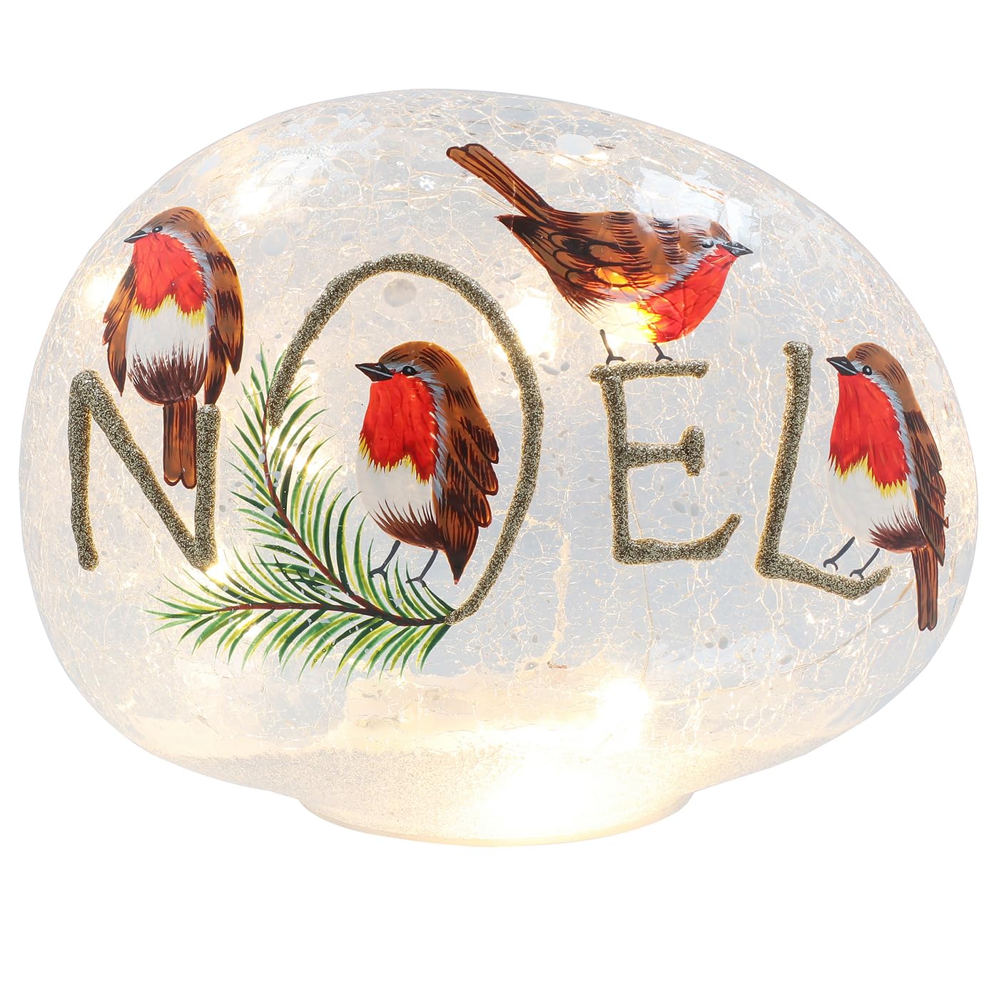 Shudehill Giftware Christmas Crackle Glaze Robin Globe LED Light up Cordless Battery Operated Lamp Noel - Home Xmas Decoration