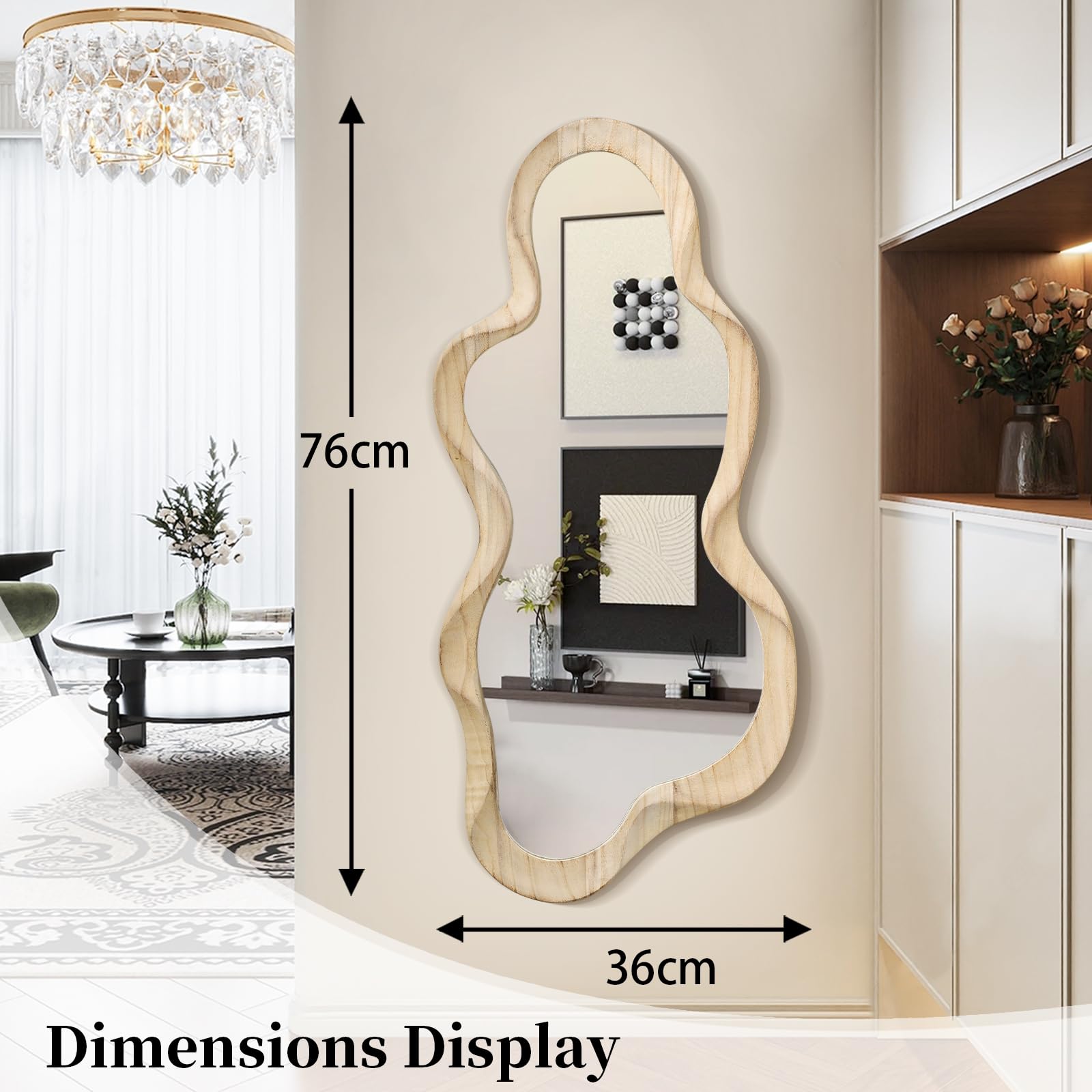 Espejo asimétrico para decoración de pared, gran espejo de pared moderno con marco de madera, forma única, espejo artístico montado en la pared, decorativo para sala de estar, dormitorio, baño