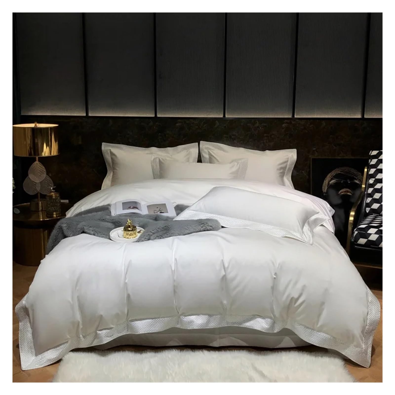 ZXGRfdefa Bedding Set, White 1200TC Egyptian cotton Bedding Set Embroidery Duvet Cover Flat Sheet Pillowcase 4pcs(C,Queen size 4 pcs)