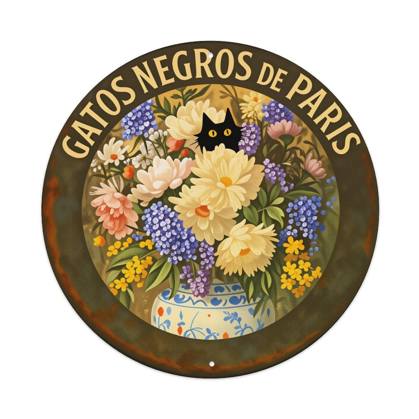 Floral Vase Cat Black Paris Metal Tin Sign Vintage Garden Bedroom Cafe Bar Man Cave Home Wall Decor Metal Poster 8x8 inches
