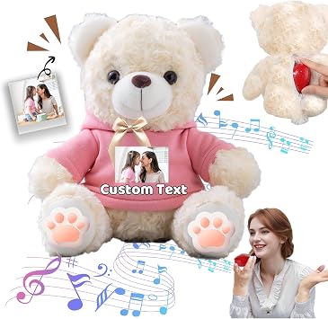 Personalised Teddy Bear with Voice Recording for Women Men, Personalised Gifts Stuffed Bear with Bow Plush Toys with Text+Photo as Gift for Christmas Valentines Birthday 10 inch-Text+Photo