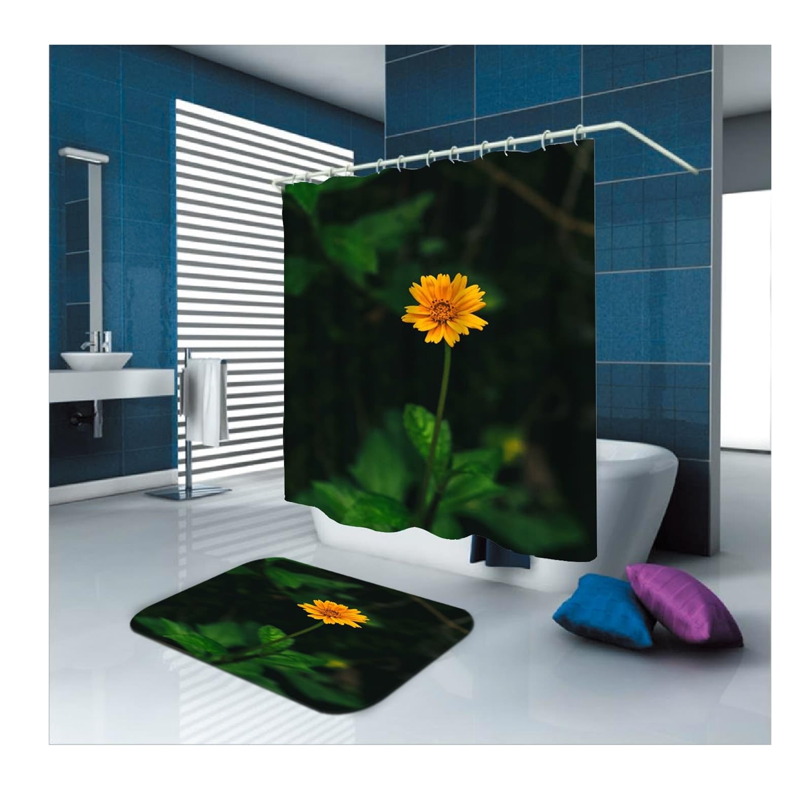 Rideau de douche anti-moisissure en tissu polyester jaune à anneaux inclus