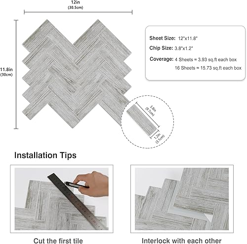 Miniatura 8 de CRE8TIVE 4 hojas de azulejos de espiga para despegar y pegar contra salpicaduras para cocina y baño, 12 x 12 pulgadas, autoadhesivas, azulejos de