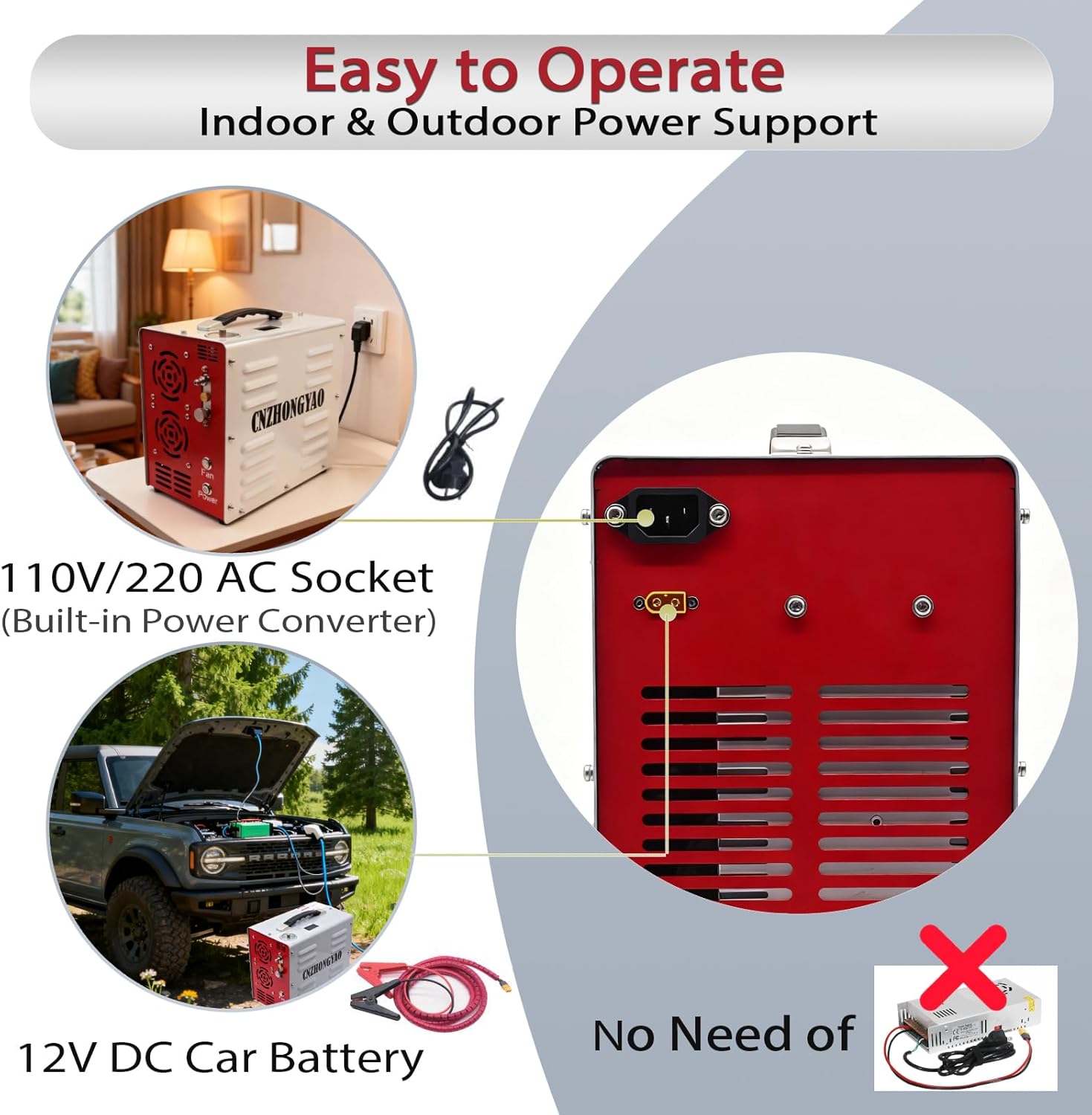 PORTAIR 4500PSI Portable HPA Compressor,Auto-Stop, Oil/Water-Free, Built-in Power Converter PCP Air Compressor for Air Rifle, Scuba Tank, Powered by Car Battery 12V DC or Home 110V AC (Grey) - Image 7